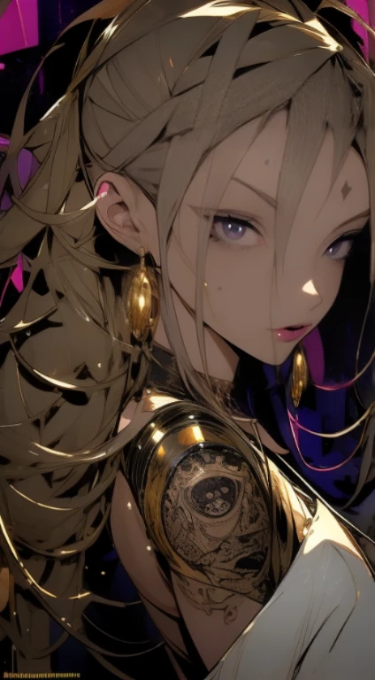 Dinity, (Smoke gold effect around his head, beaucoup de vapeur effect) tatouage, maquillage, Paysage de nuit qui passe, Une belle fille avec, UHD Portrait, (High quality) (ultra details) Regarder le spectateur en tenue de ville de style hip-hop; different, colourfull, cheveux de plusieurscouleurs longs 🌈