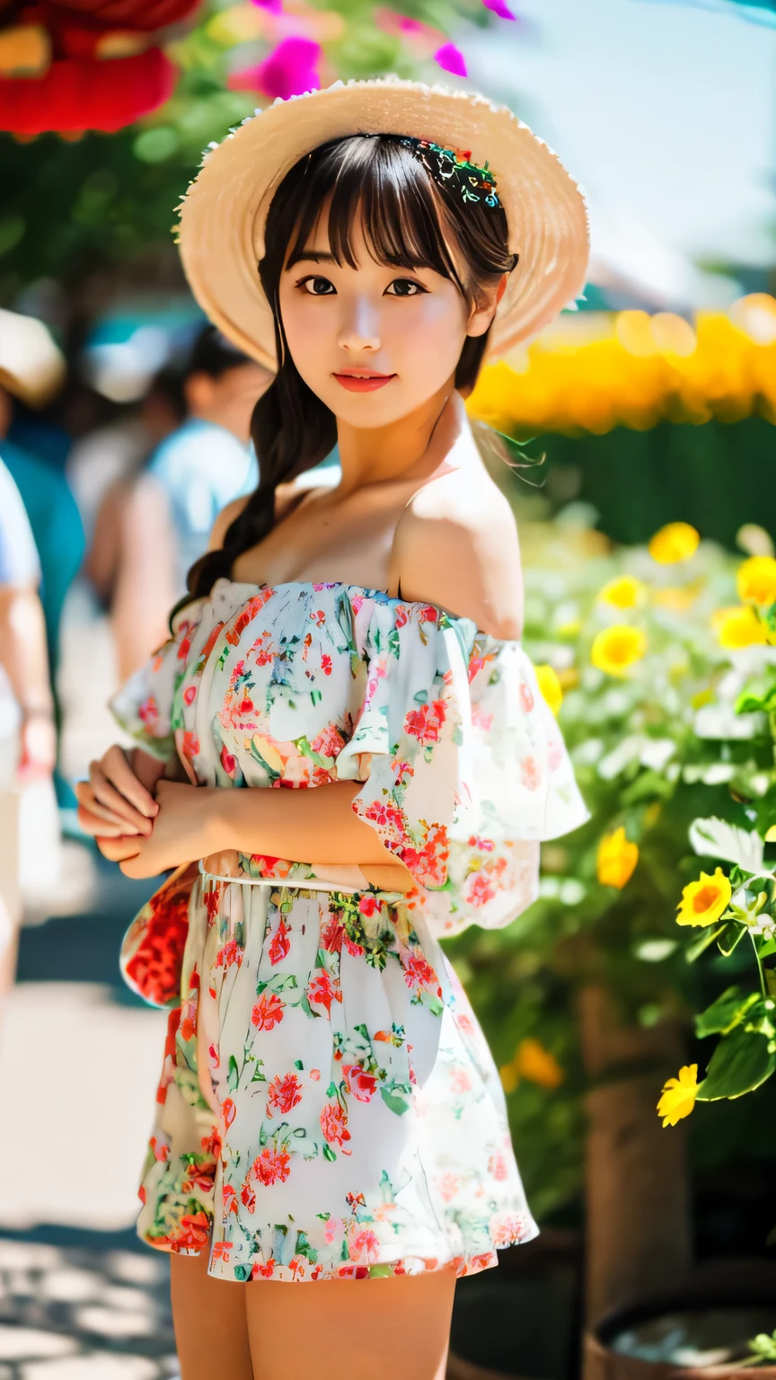 (realistic, photo-realistic:1.4), (extremely detailed 8k wallpaper), sharp focus, depth of field, blur background, detailed beautiful eyes and skin, (Image from thighs to head), Canon R5 50mm, ((Japanese idol:1.2)), Off-shoulder floral romper, Radiant with a hint of playfulness, Sunlit flower garden, Bohemian market stroll,