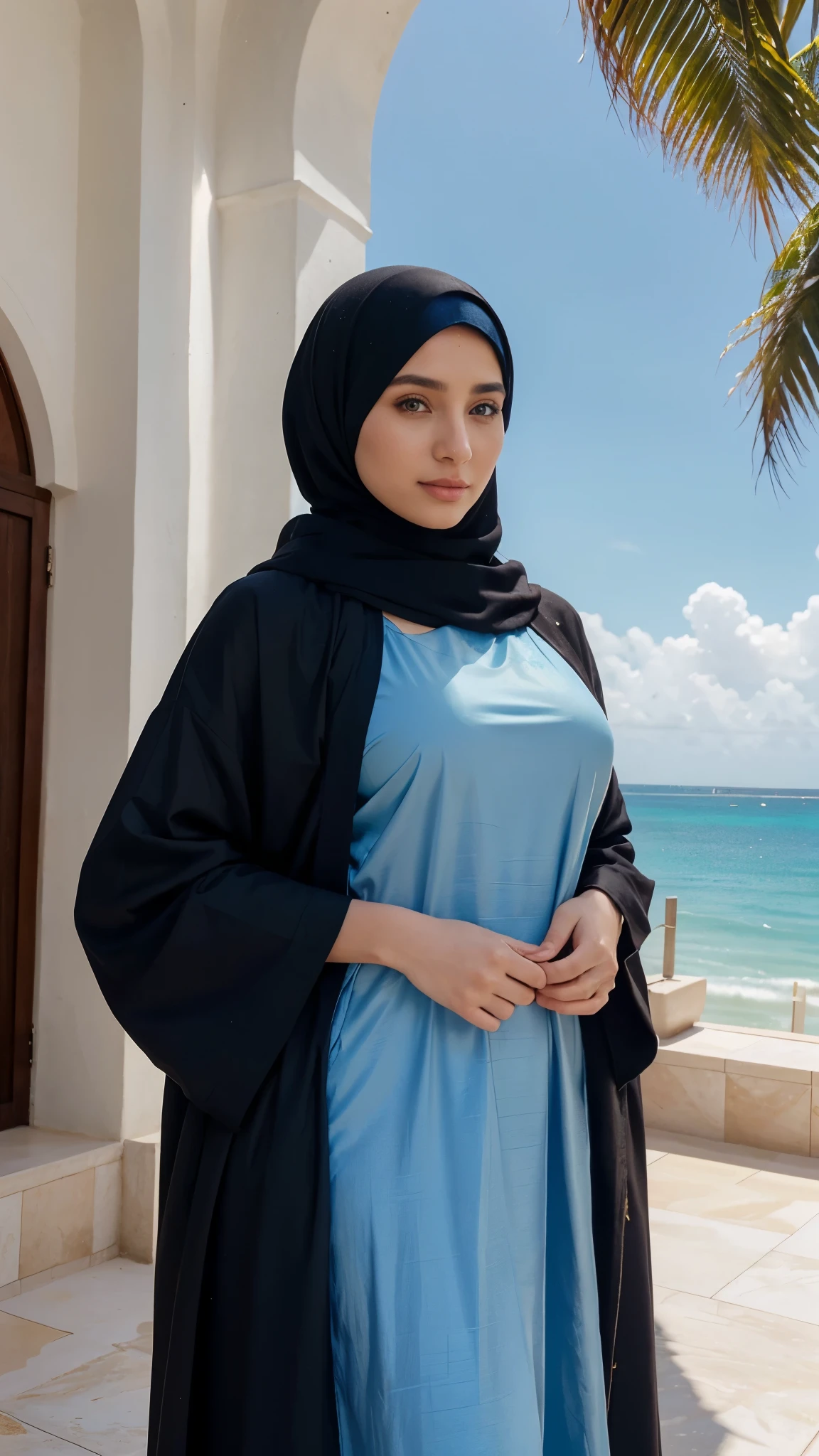 woman, putting on full cover modern Hijab. brown eyes, pale skin, photorealistic. instagram influencer, 20-year-old woman, model, happy look, atletic moscular figure full body, in Sanaani traditional attire with blue sky and yellow pattersn, in Sanaani Abaya. no make up. Place the subject on the top roof of a luxurious cafe and hotel in Miami, offering a panoramic view of the vibrant blue sky and the adjacent sea. Ensure the backdrop captures the essence of Miami's tropical charm. The overall composition should radiate elegance and allure, blending seamlessly with the luxurious atmosphere of this Miami setting.