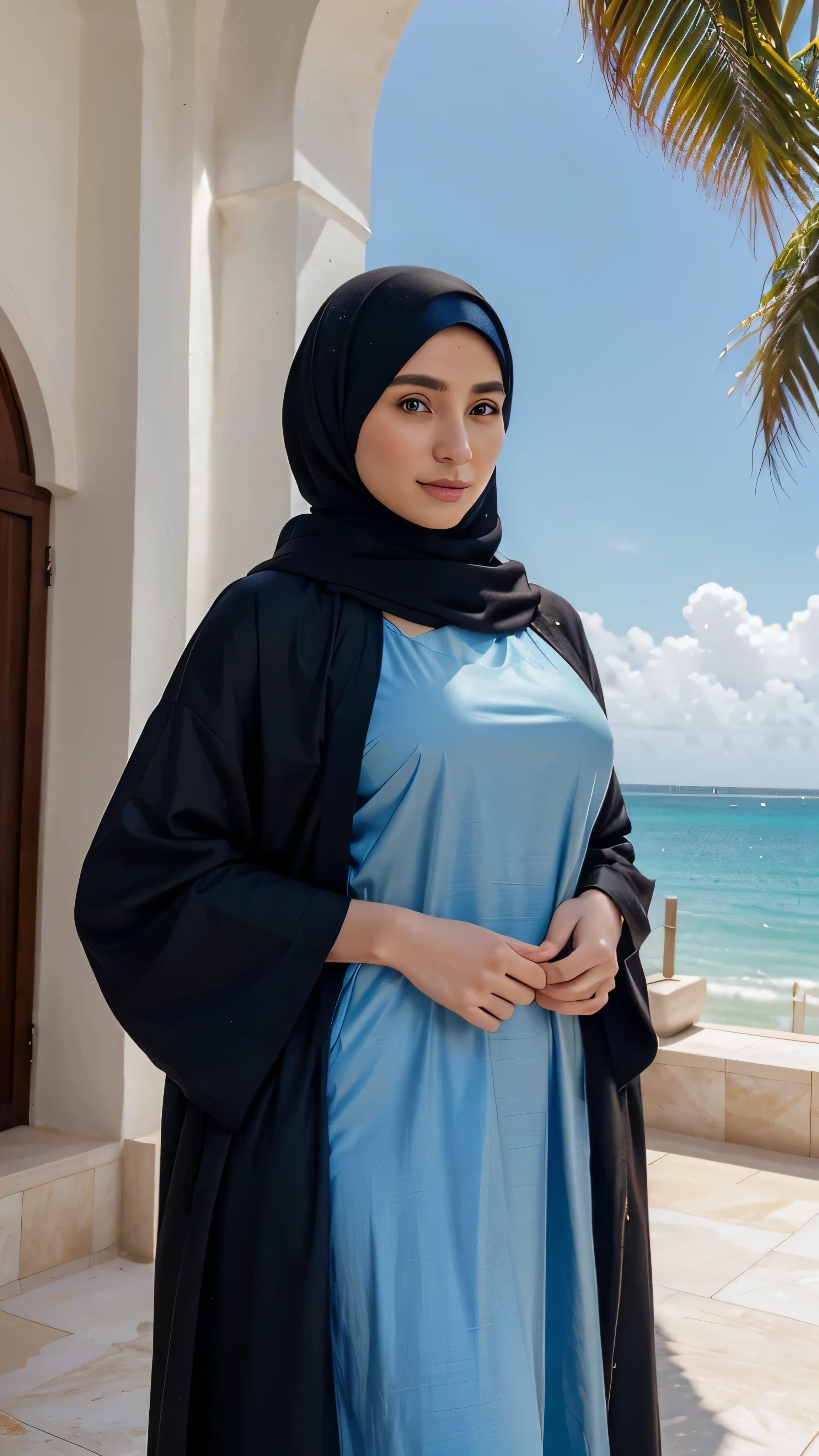 raw, Best quality, High accuracy, Masterpiece: 1.3), Beautiful Malaysian woman in hijab (iu:0.8),Big tits, big eyes, Beautiful Face, Tearful eyes, big eyes, Perfect face, Soft smile, A veiled woman stands on the beach, Beautiful malay woman, Normal position, Standing on the beach, At sea, Pretend at the beach with the ocean, Full body photo, He stands near the beach, At seaside, He wears long clothes fluently, Asian girl with pale skin, the Ocean in the background, Pretty woman, Ocean in the background