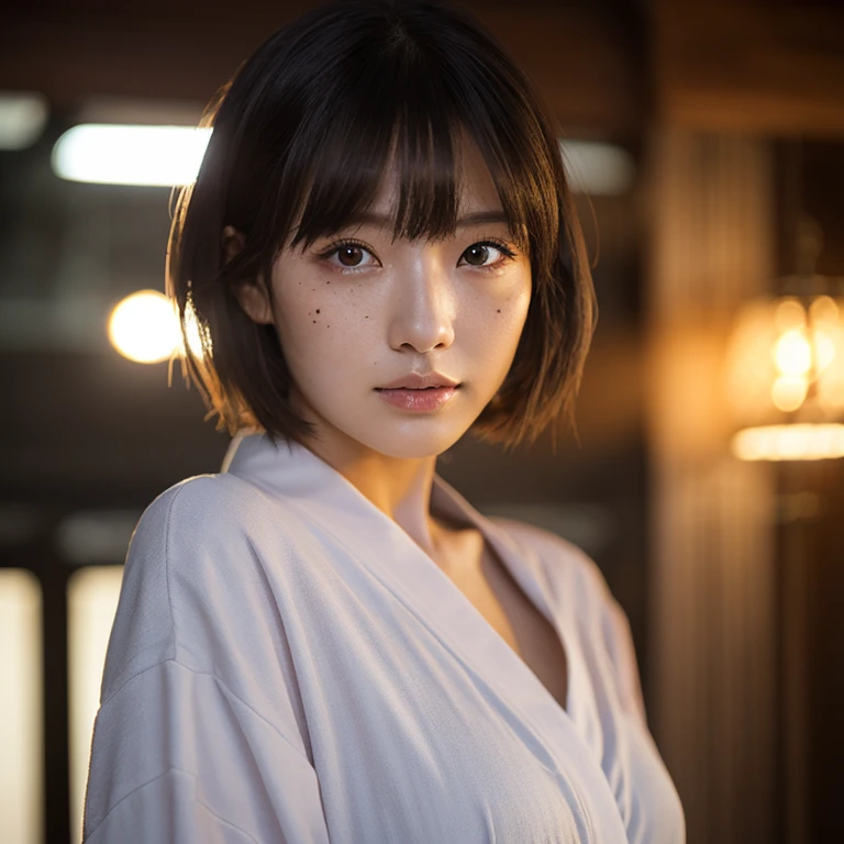 ((masterpiece:1.4、top-quality))、(photographrealistic:1.4)、profetional lighting、physically-based renderingt,Cowboy Shot,Short hair、layers-Cut、A dark-haired、extra detailed face、Detailed skin、mole:0.3、(Women in Japan:1.05)、age 30s、thin bunches of bangs、bathrobe、White Room、white walls、Bright lighting