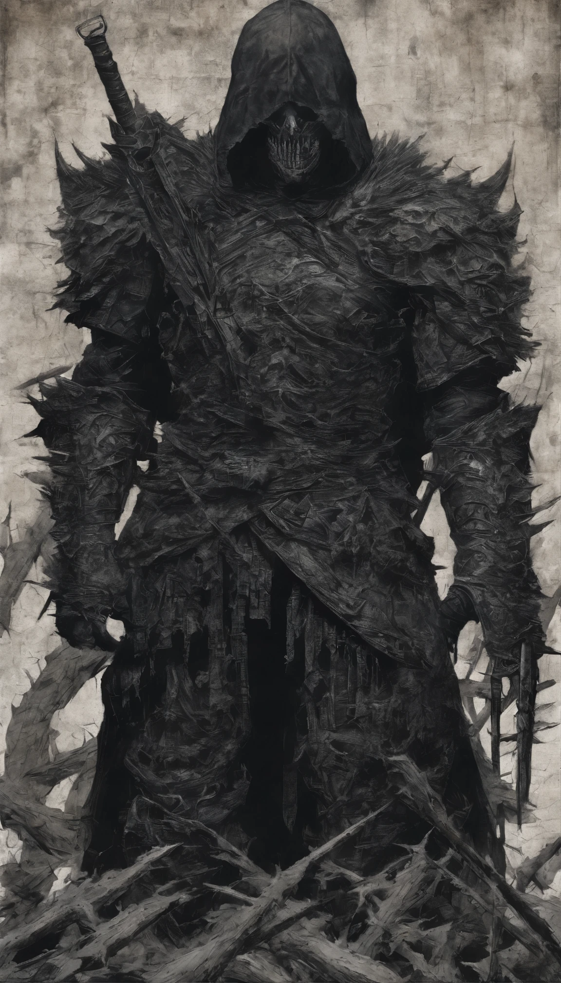 Sign: TEAMX, Berserk-inspired armor, Tenues ninja, Dark fantasy aesthetics, Battle-worn details, Gravures complexes, Oversized weapons, style de Kentaro Miura, Des contrastes frappants, Ombres lourdes, Detailed line work, Palette de couleurs gothiques, Style anime mature, Intense battle scenes, Environnements dystopiques, Anatomie musculaire --Niji 5, Cape noir et rouge, mask oni, cheveux noirs, yeux rouges, 8K, war,