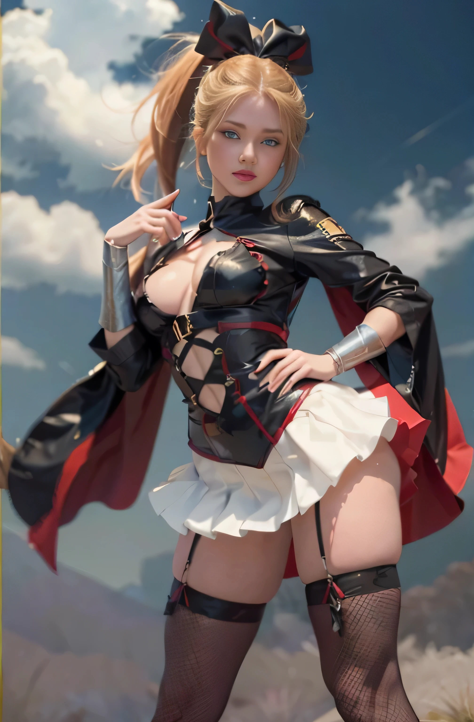 4k, realistic, charismatic, very detailed, there is a girl in the sky, dressed in a super girl costume, she is a super girl, superhero theme, blonde short hair, ponytail, 20 years, full body, (detail in the eyes), (detail in the face), incredibly beautiful, blue eyes, blush, makeup, red lipstick, miniskirt, (wide hips),  (thick thighs), small breasts, dress,, seductive pose, (extreme hourglass figure), thin, svelte, white skirt, boots, ((tight t-shirt))