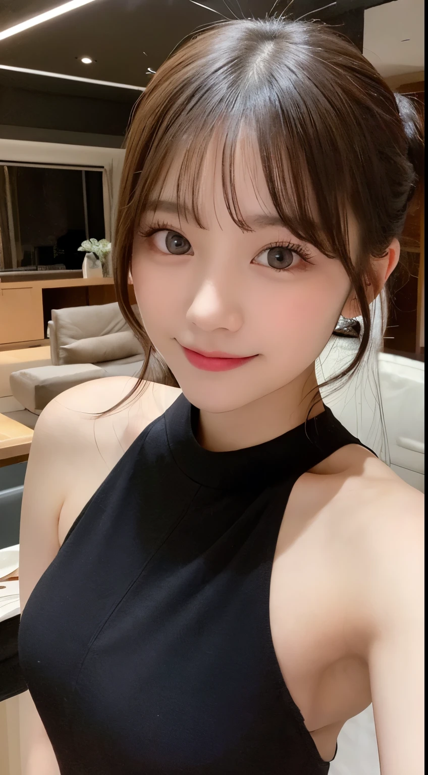 table top, highest quality, shape, Super detailed, finely, High resolution, 8k wallpaper, 完璧なダイナミックな構shape, beautiful and detailed eyes, tokyo trend冬ファッション,tokyo trend&Introducing cute hairstyles at random, small breasts, natural color lip, random sexy pose,cute smile,big city、20 year old girl、beautiful and detailed face、perfect and beautiful face,Big eyes、fluffy black winter clothes(dress)、beautiful detailed face、perfect and beautiful double eyelids、blur the background、perfect and beautiful face、Living room in a luxury apartment、Blur background