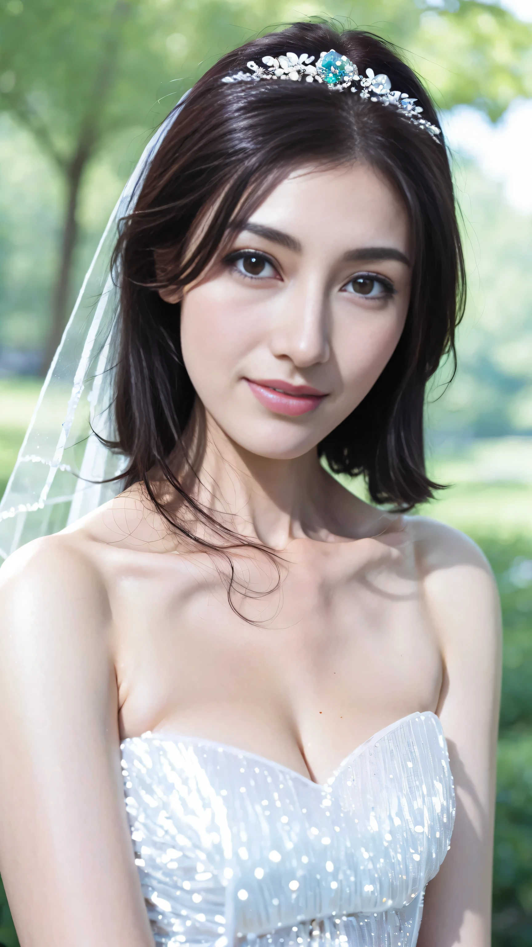 （1 18-year-old female fashion model）， [[[[close up]]]], [[[[]]]], [[[[neck]]]], [[[[Shoulder]]]], perfect eyes, perfect iris，perfect lips，perfect teeth，perfect skin，White skin，Soft headlight，High density imaging review，super pretty girl，((Beautiful white wedding dress))，((Formal wear))，((bridal hairstyle))，((A smile of excitement and satisfaction on his face))，((Sexy and charming expression))，((looking at the audience))，(Various dynamic poses)，The background is green trees and gossip，high quality， masterpiece， ultra high resolution，（lifelike： 1.4）， original photo，（超级lifelike细节））， best quality，（pastel colors：1.2）