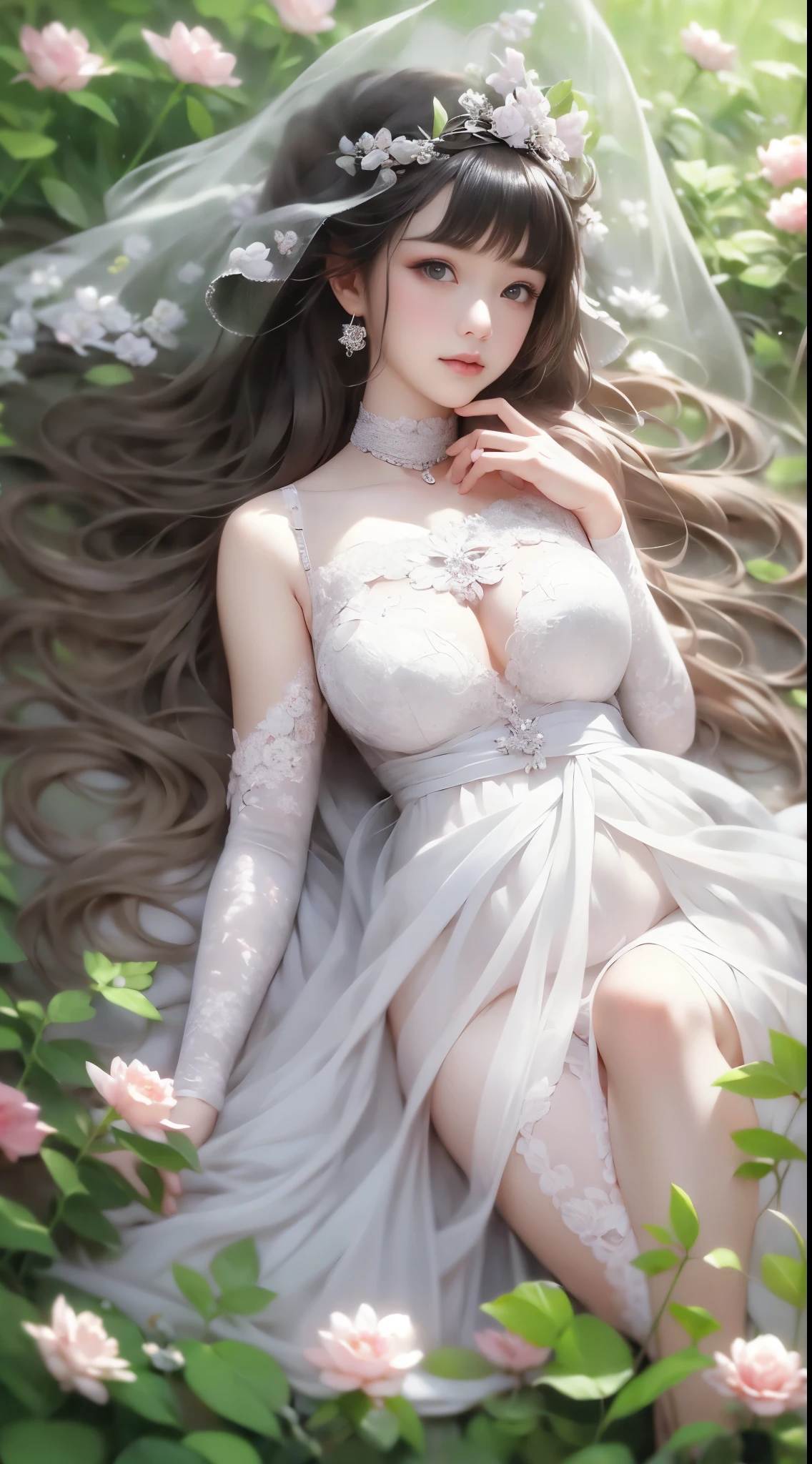 1 girl, full body photo, black hair, flowing hair, hazy beauty, extremely beautiful facial features, white embroidered dress, hairpins on her head, lying in a flower bush, hand dragging chin, perfect hand, white flower, (spring, rainy day, terraces, mountains), simple vector art, contemporary Chinese art, soft light, entangled scarf, overlook,露出乳房，露出胸部，露出乳房，巨大的乳房，巨大的胸部，全身显示