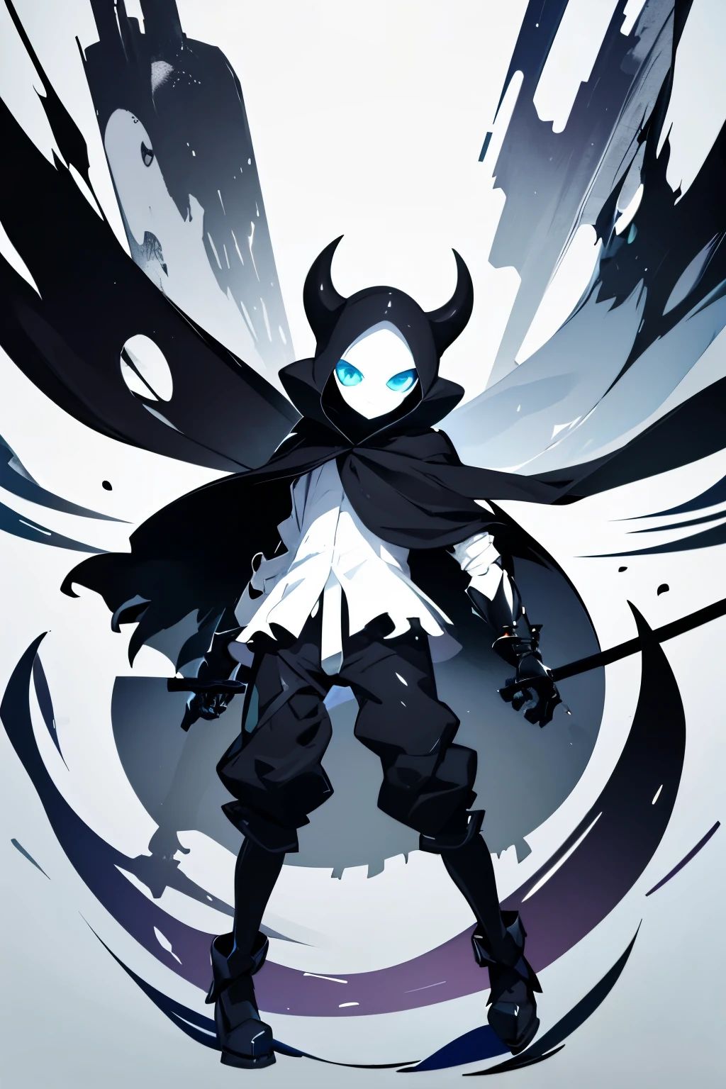 Small character of a boy, wearing a mask, game art inspired, hollow knight inspired, black cape, vibrant , full body, complete white background, multiple poses, , short character, chibi style, game asset, game character 