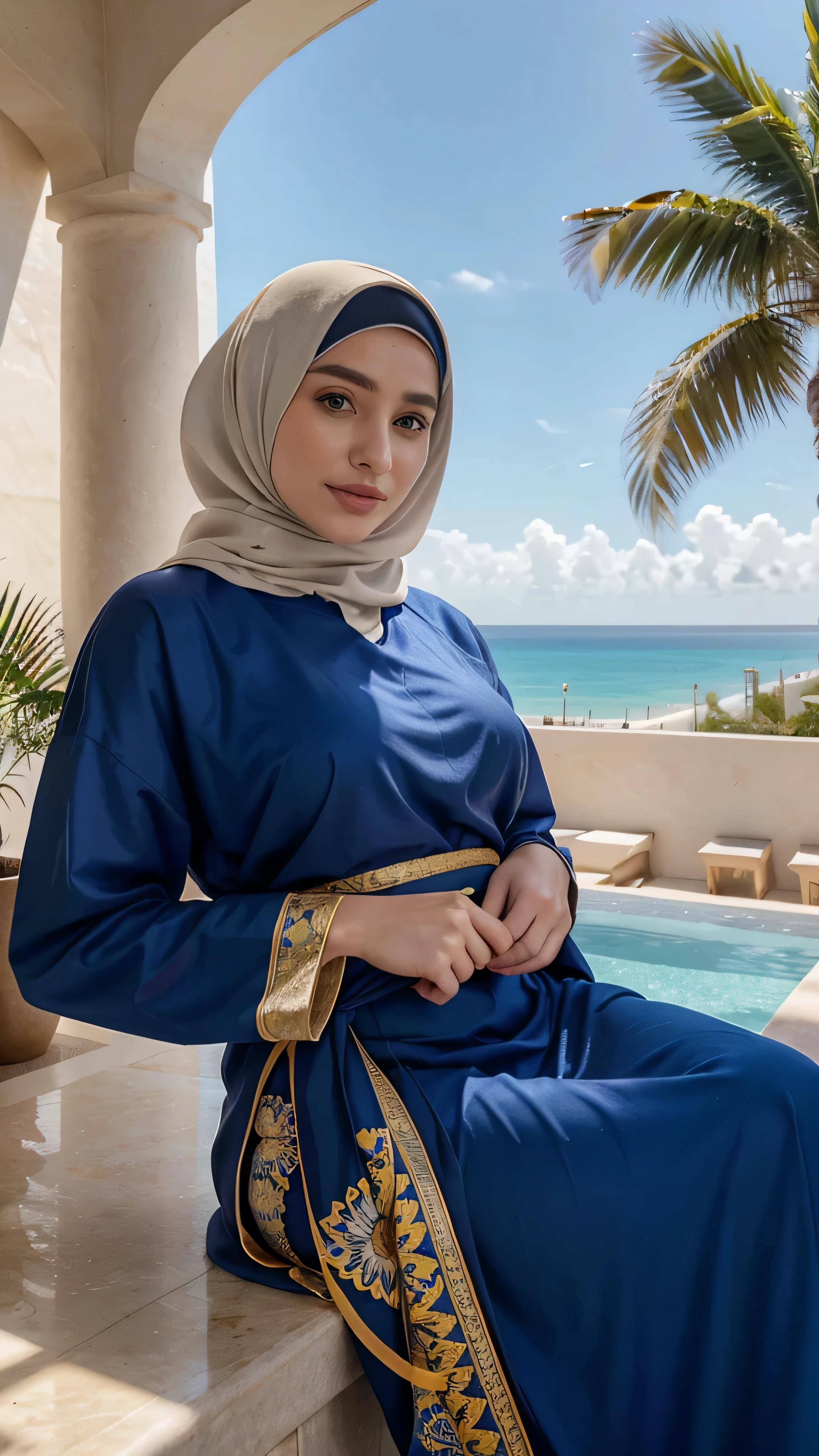 woman, putting on full cover modern Hijab. brown eyes, pale skin, photorealistic. instagram influencer, 20-year-old woman, model, happy look, atletic moscular figure full body, in Sanaani traditional attire with blue sky and yellow pattersn, in Sanaani Abaya. no make up. Place the subject on the top roof of a luxurious cafe and hotel in Miami, offering a panoramic view of the vibrant blue sky and the adjacent sea. Ensure the backdrop captures the essence of Miami's tropical charm. The overall composition should radiate elegance and allure, blending seamlessly with the luxurious atmosphere of this Miami setting.
