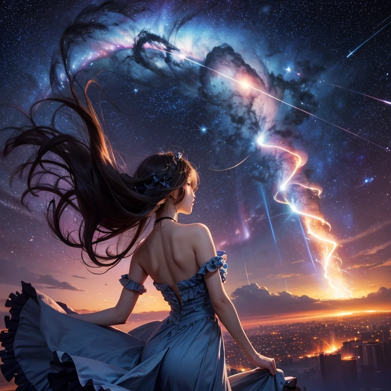 ( Starry tornado:1.4), starry nebula, ((frills)), beautiful and detailed sky,