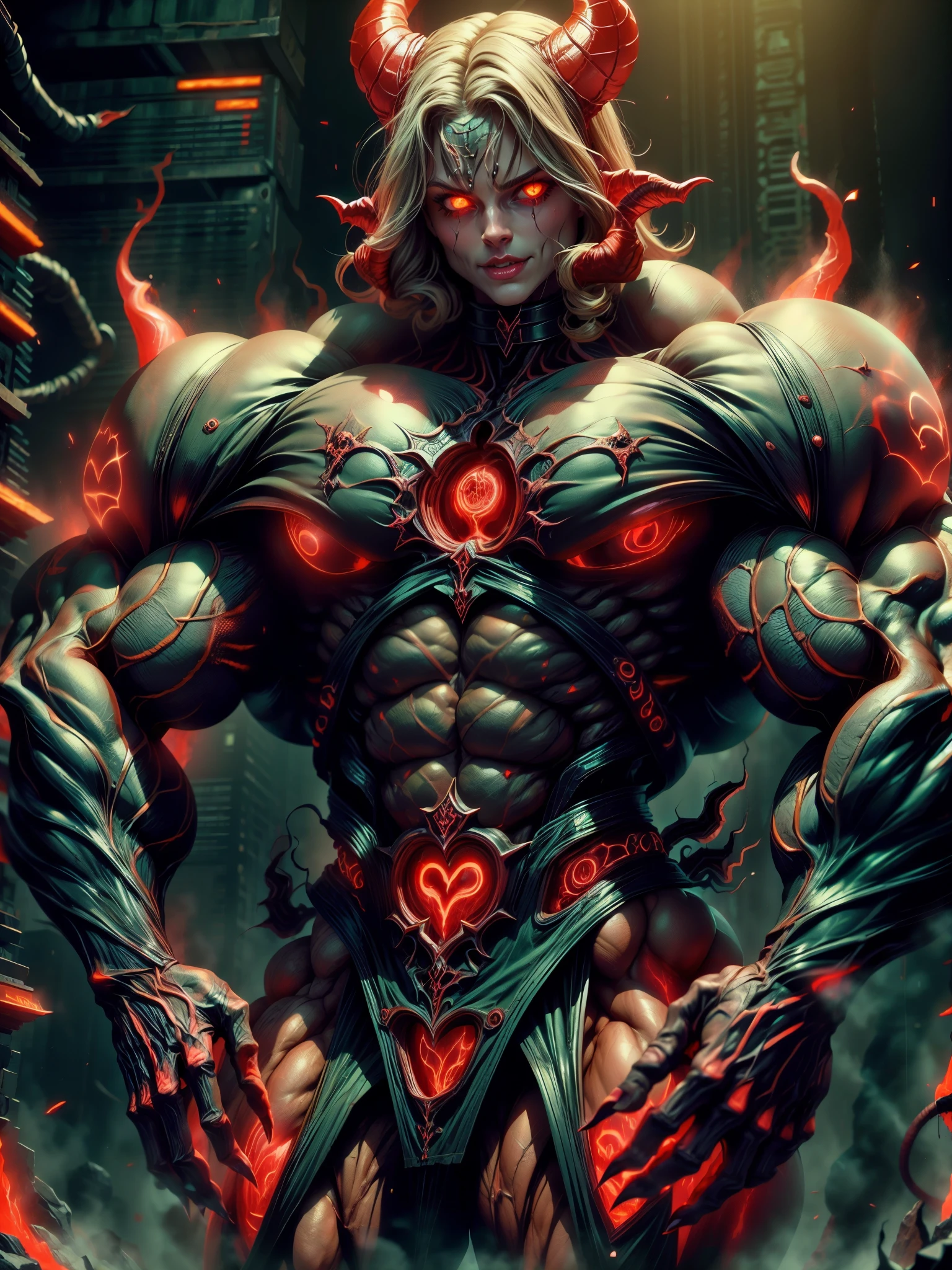 (1 girl), (cara delevingne:1.25), (carnage skinless physique:1.5), (1 super muscular undead skinless succubus with gigantic horns:1.5), (covered in red necrotic rotting skinless muscle:1.5), (exposed muscles & veins everywhere:1.5), (perfect fingers:1.25),(8k, RAW photo, photorealistic:1.25), dark horrific scary atmosphere, hellish landscape, Hellraiser like atmosphere,