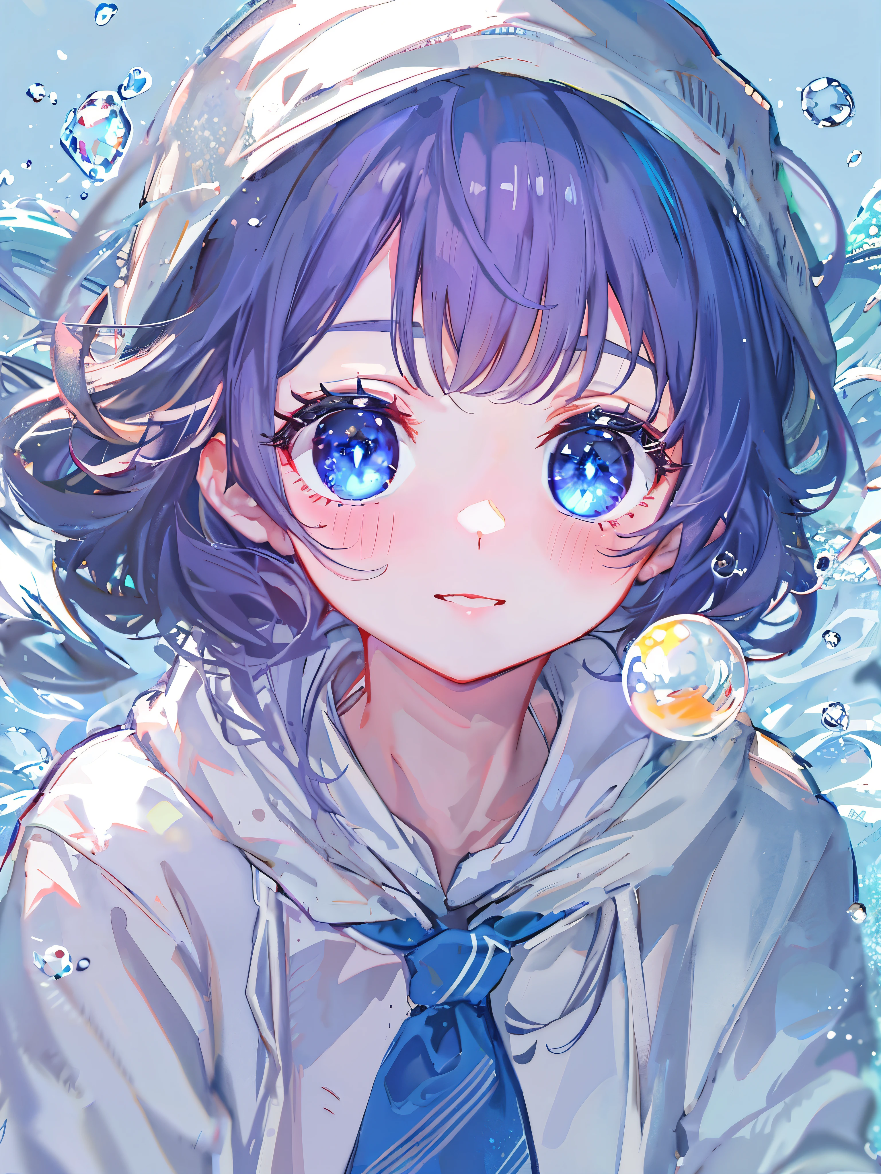 ((highest quality)), ((masterpiece)), ((Super detailed)), (very delicate and beautiful), 女の子and, Report, cold attitude,((white hoodie)),彼女はandても(relax)and(Calm down)exterior,written boundary depth,evil smile,bubble, underwater, エアbubble,Underwater world bright light blue eyes,明るい白髪and水色の先端を持つインナーカラー,,,,,,,,,,,,,,,,,,,,,,cold background,Bob Hair - Linear Art, shorts、knee high socks、White uniform like school uniform、light blue ribbon tie、Clothes are sheer、The hand in my right pocket is like a sapphire,Fronresse Blue, A small blue light was floating、Eyes of surprise、self snap,self snap、bangs fall into the eye, give a sexy impression.