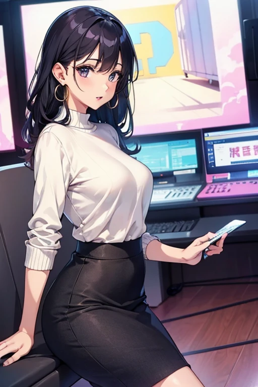 announcer、knit、Tight Skirt、beautiful mature woman、27 years old、earrings、