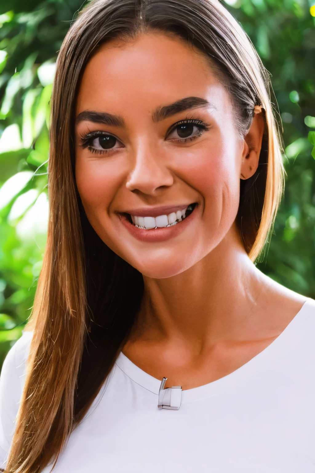 Woman, young, high quality, ultra-realistic, secretary, invent, smile, beautiful and precise face, background is office, white t-shirt, friendly