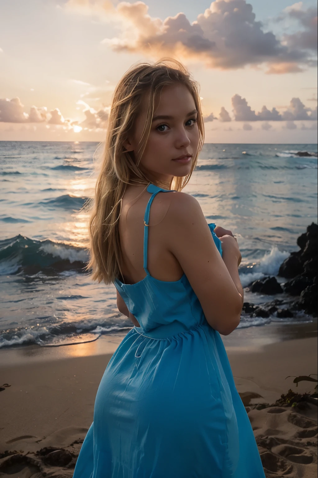 Arafed woman in a blue dress standing on a beach - SeaArt AI