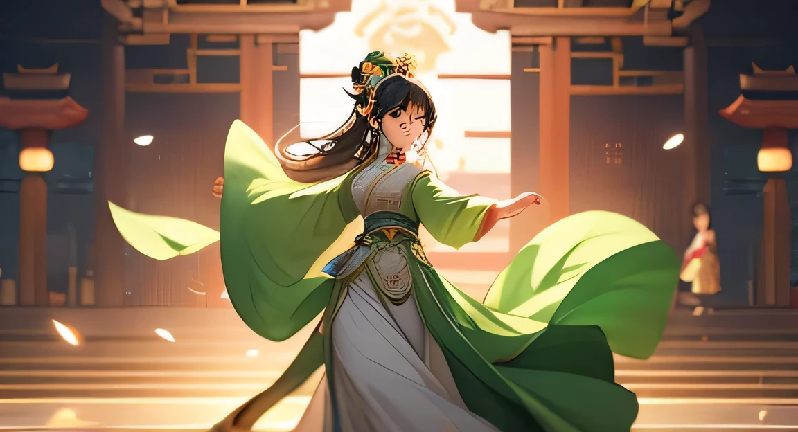 1girl, (black hair), bangs, ponytail, hair stick, white and azure green hanfu, detailed Chinese clothes, harmony smile, holding paper, Chinese room, azure green eyes, gold pattern, big eyes, milf, cropped legs,
(masterpiece:1.2), best quality, high resolution, unity 8k wallpaper, (illustration:0.8), (beautiful detailed eyes:1.2), extremely detailed face, perfect lighting, extremely detailed CG, (perfect hands, perfect anatomy),