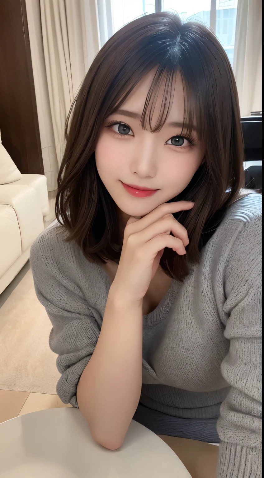 table top, highest quality, shape, Super detailed, finely, High resolution, 8k wallpaper, 完璧なダイナミックな構shape, beautiful and detailed eyes, tokyo trend冬ファッション,tokyo trend&Introducing cute hairstyles at random, small breasts, natural color lip, random sexy pose,cute smile,big city、20 year old girl、beautiful and detailed face、perfect and beautiful face,Big eyes、fluffy black winter clothes(dress)、beautiful detailed face、perfect and beautiful double eyelids、blur the background、perfect and beautiful face、Living room in a luxury apartment