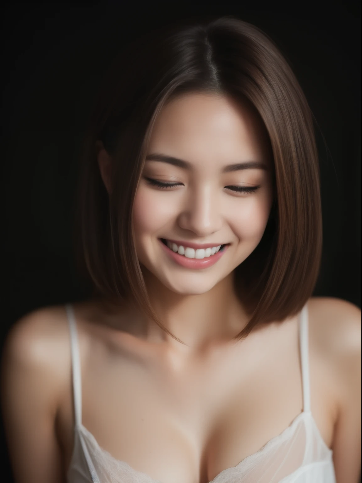 Beautiful 23 year old woman。she is wearing a satin camisole。Lace on the chest and hem.。She looks ecstatic as if she has reached an orgasm when fucking..。her dark brown hair、、her hair is long。High resolution、masterpiece、highest quality、Head w:1.0、((Hasselblad Photos))、fine skin、fine knit、(movie lighting)、clavicle . Her eyes are shutting but smiling.