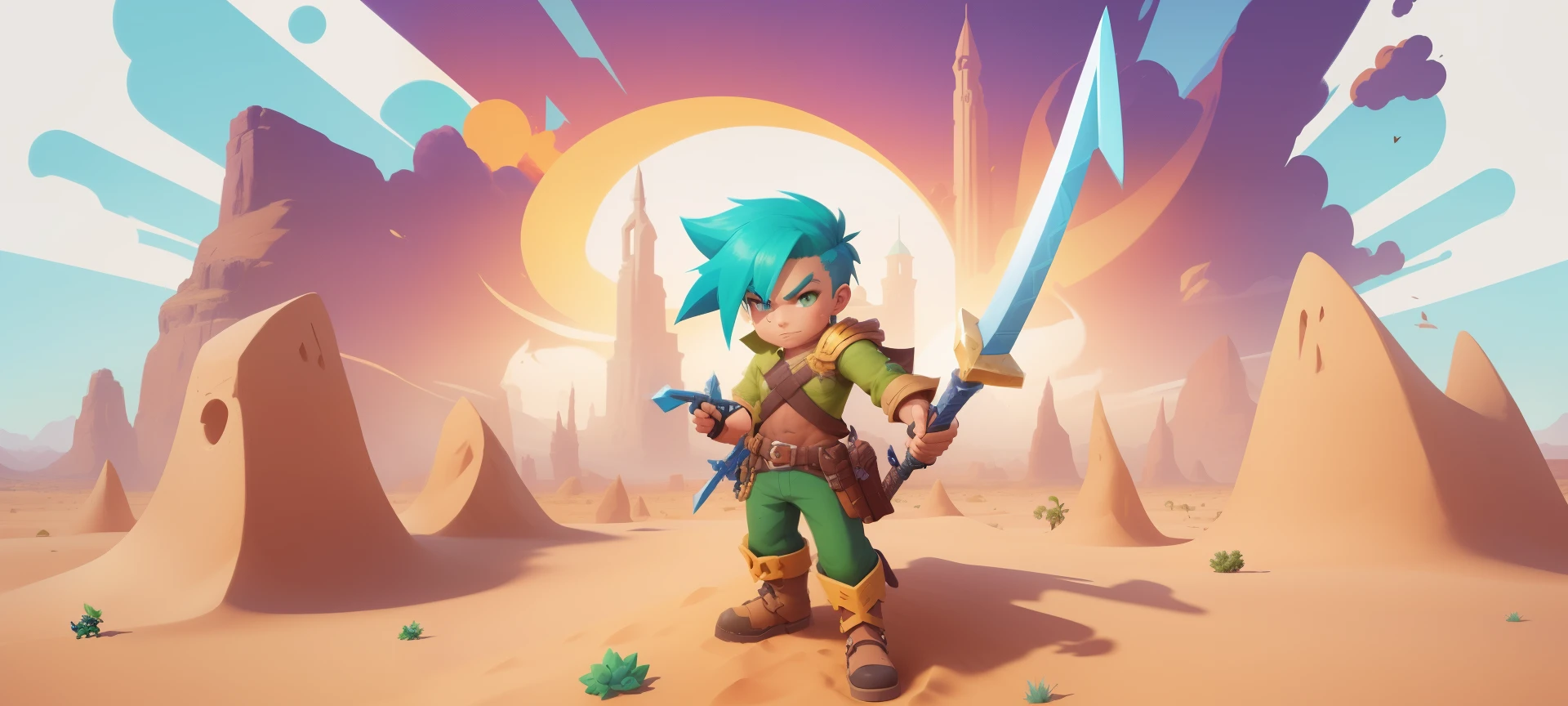 Cartoon illustration of man with green hair and sword in desert, splash art brawlstars, game art, 2d game fanart, mobile game art, game art!!, cover game art, critical art, game illustration, 2 d game art, 2d game art, heroes 2d fan art artstation, Page scroll bar, game art, Propaganda art