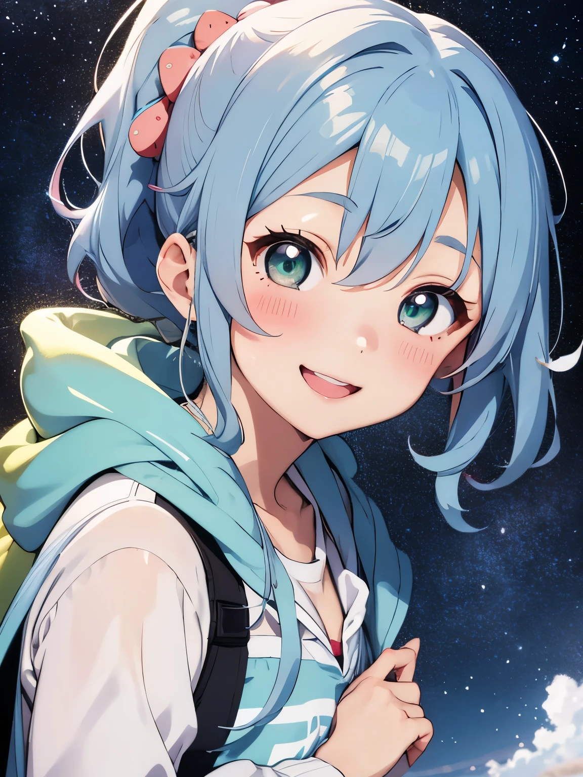 Soft and gentle pattern。anime illustration。Her hair is light blue and has curls.、side ponytail、Big strawberry hair clip in a knot。The hair in the ponytail is permed and fluffy.。Girl with green eyes。her face is cute、Confident smile。Appearance of about 12 years old。making a peace sign with his eyes。long sleeve winter clothes。wink。close up of face。