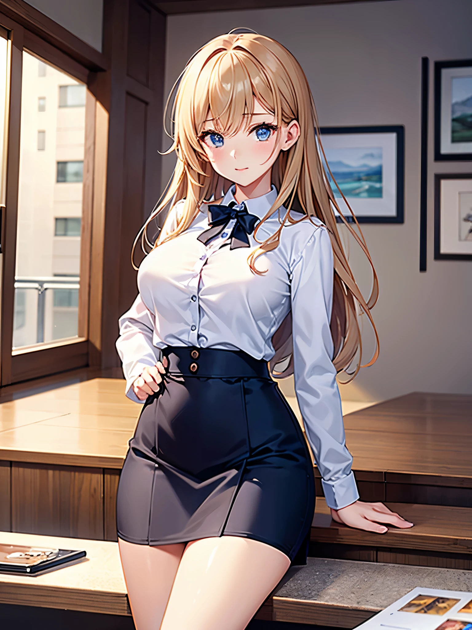 ((highest quality)),(ultra high resolution),(Super detailed),(detailed description),((best CG)),(best work of art),super precision art,great drawing art,(Art with precise details:1.5), (1 woman:1.5),Beautiful face 1.5,natural makeup:1.6,(In a shirt:1.5),intellectual:1.4,,big breasts:1.4,Tight Skirt:1.3, office Street:1.6