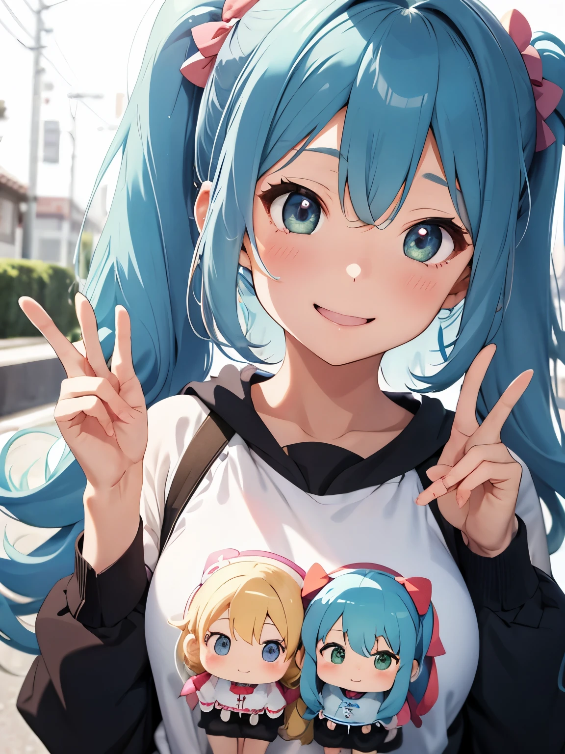 Soft and gentle pattern。anime illustration。Her hair is light blue and has curls.、side ponytail、Big strawberry hair clip in a knot。The hair in the ponytail is permed and fluffy.。Girl with green eyes。her face is cute、Confident smile。Appearance of about 。making a peace sign with his eyes。long sleeve winter clothes。wink。close up of face。
