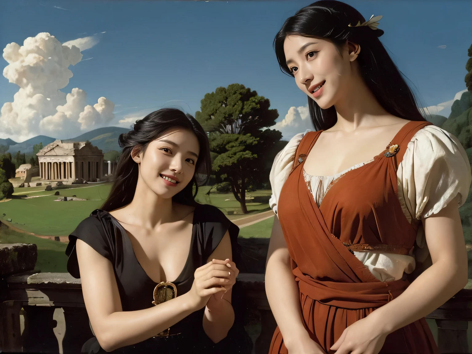 Ancient Roman ruins、Poussin-style landscape、smile、、Sweet and enchanting appearance、Caravaggio's paintings、Caravaggio's chiaroscuro、hair tousled by the wind、two women having fun、キュートなsmile、expression of ecstasy、sexy、erotic