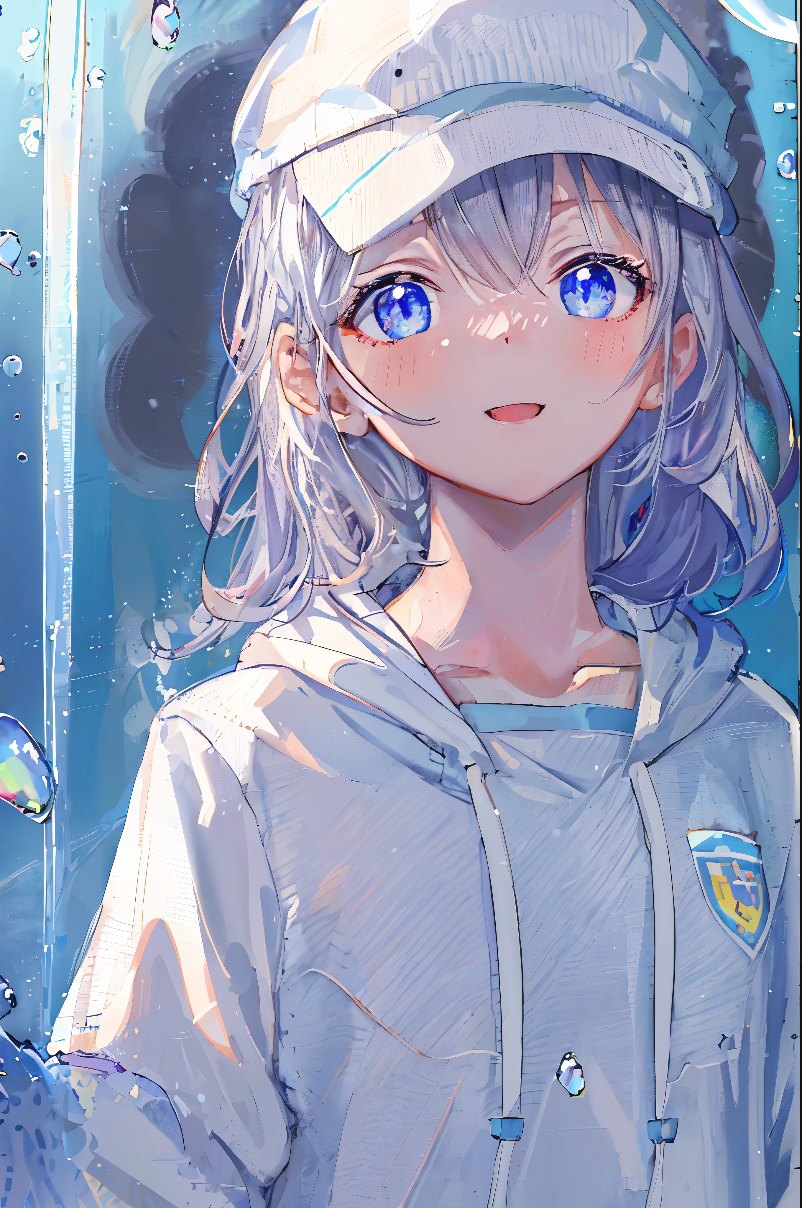 ((highest quality)), ((masterpiece)), ((Super detailed)), (very delicate and beautiful), girl, alone,((white hoodie)),((Wearing a white hat)),彼女はandても(relax)and(Calm down)exterior,written boundary depth,evil smile,bubble, underwater, エアbubble,Underwater world bright light blue eyes,明るい白髪and水色の先端を持つインナーカラー,,,,,,,,,,,,,,,,,,,,,cold background,Bob Hair - Linear Art, shorts、knee high socks、White uniform like school uniform、light blue ribbon tie、Clothes are sheer、put one&#39;s hand in one&#39;pocket of、Bright eyes like sapphire,Fronresse Blue, A small blue light was floating、Eyes of surprise、self snap,self snap、bangs fall into the eye, give a sexy impression.