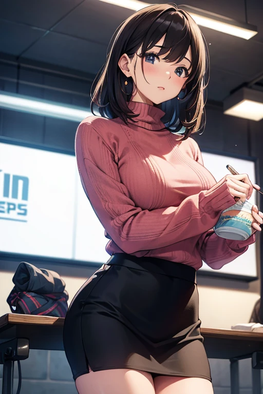 announcer、knit sweater、Tight Skirt、beautiful mature woman、head down