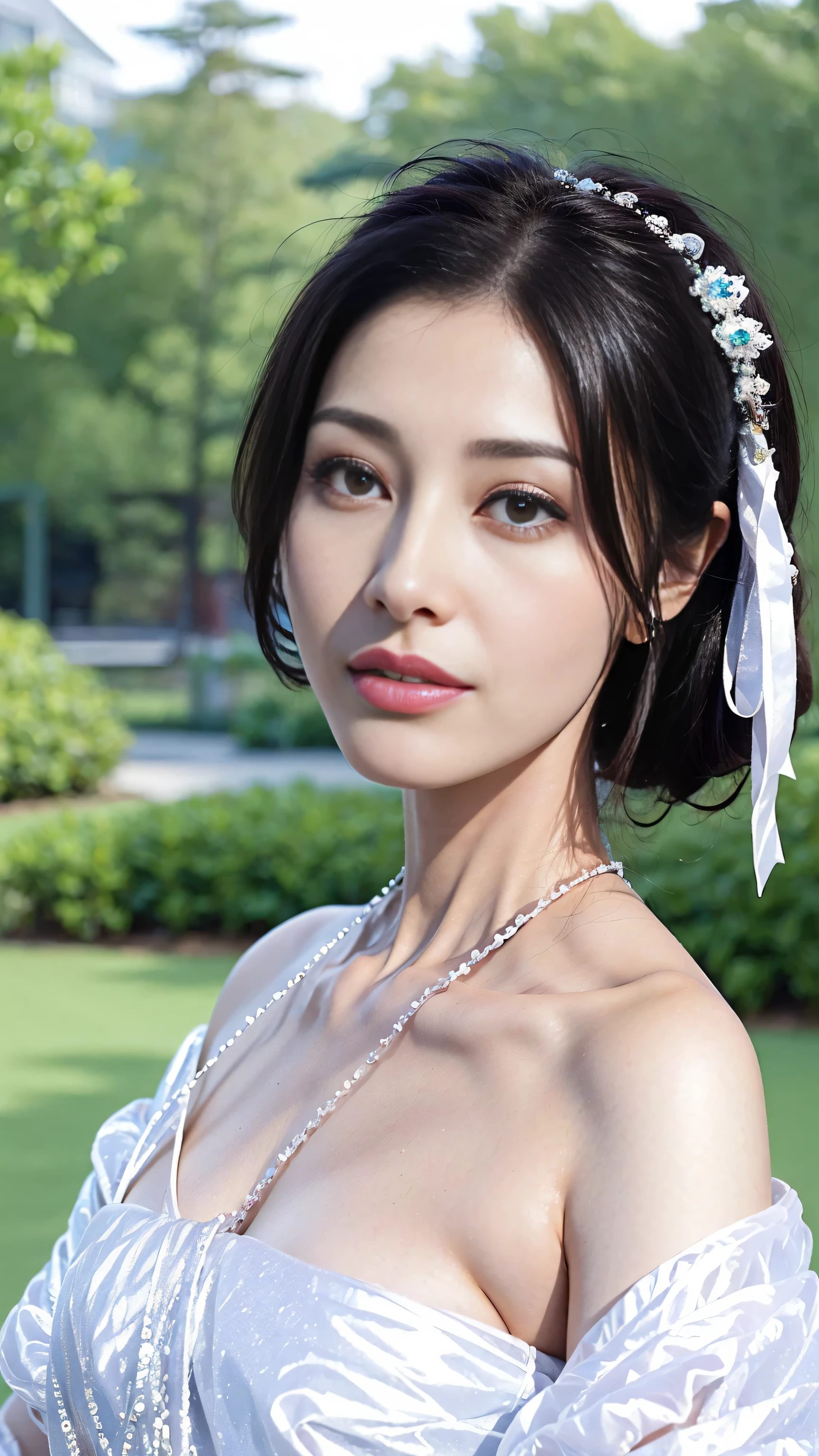 （1 18-year-old female fashion model）， [[[[close up]]]], [[[[]]]], [[[[neck]]]], [[[[Shoulder]]]], perfect eyes, perfect iris，perfect lips，perfect teeth，perfect skin，White skin，Soft headlight，High density imaging review，super pretty girl，((Beautiful white wedding dress))，((Formal wear))，((bridal hairstyle))，((A smile of excitement and satisfaction on his face))，((Sexy and charming expression))，((looking at the audience))，(Various dynamic poses)，The background is green trees and gossip，high quality， masterpiece， ultra high resolution，（lifelike： 1.4）， original photo，（超级lifelike细节））， best quality，（pastel colors：1.2）
