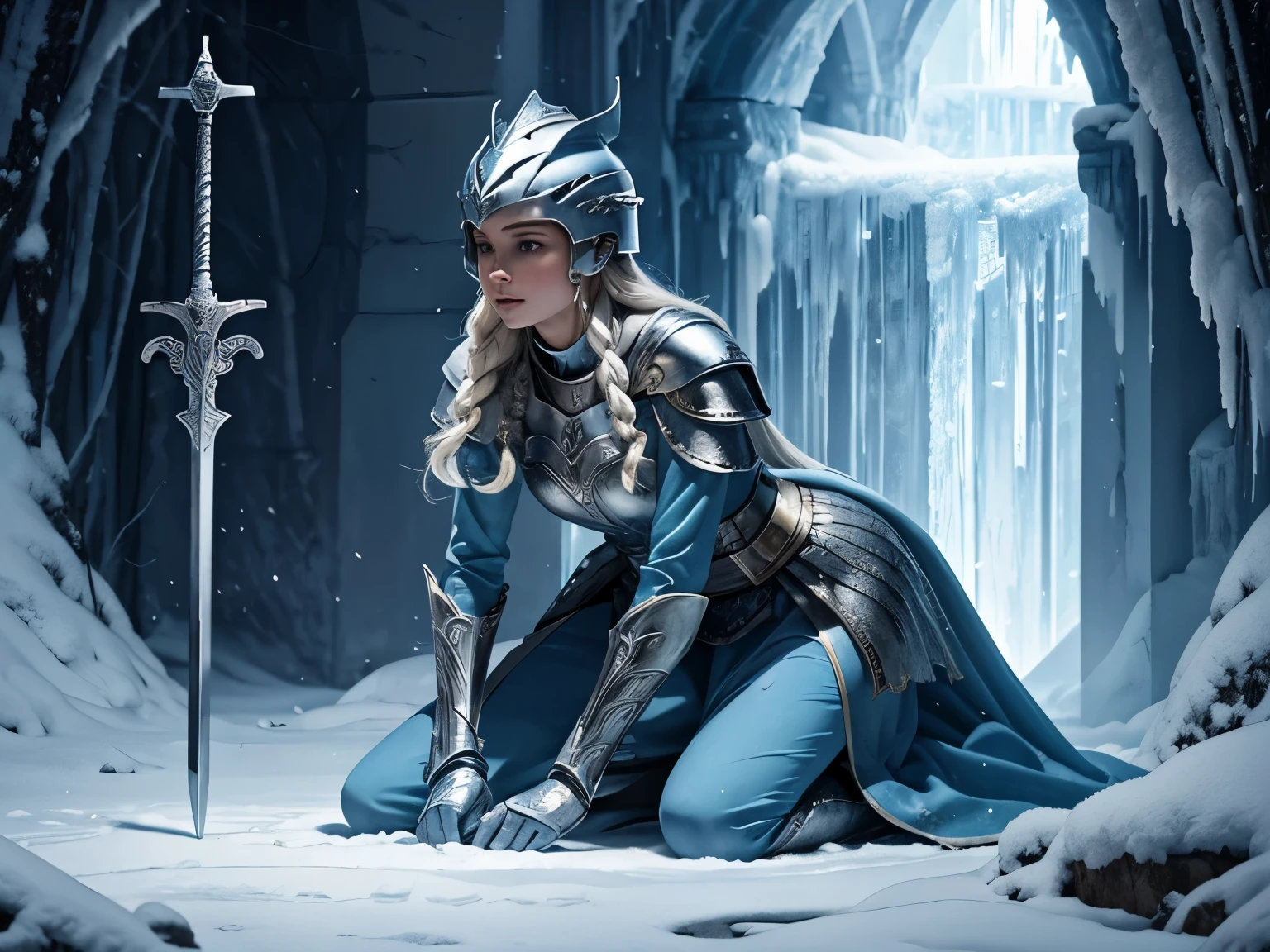 Elsa as a knight, kneeling, looking upwards, helmet open, hands resting on a sword made of ice