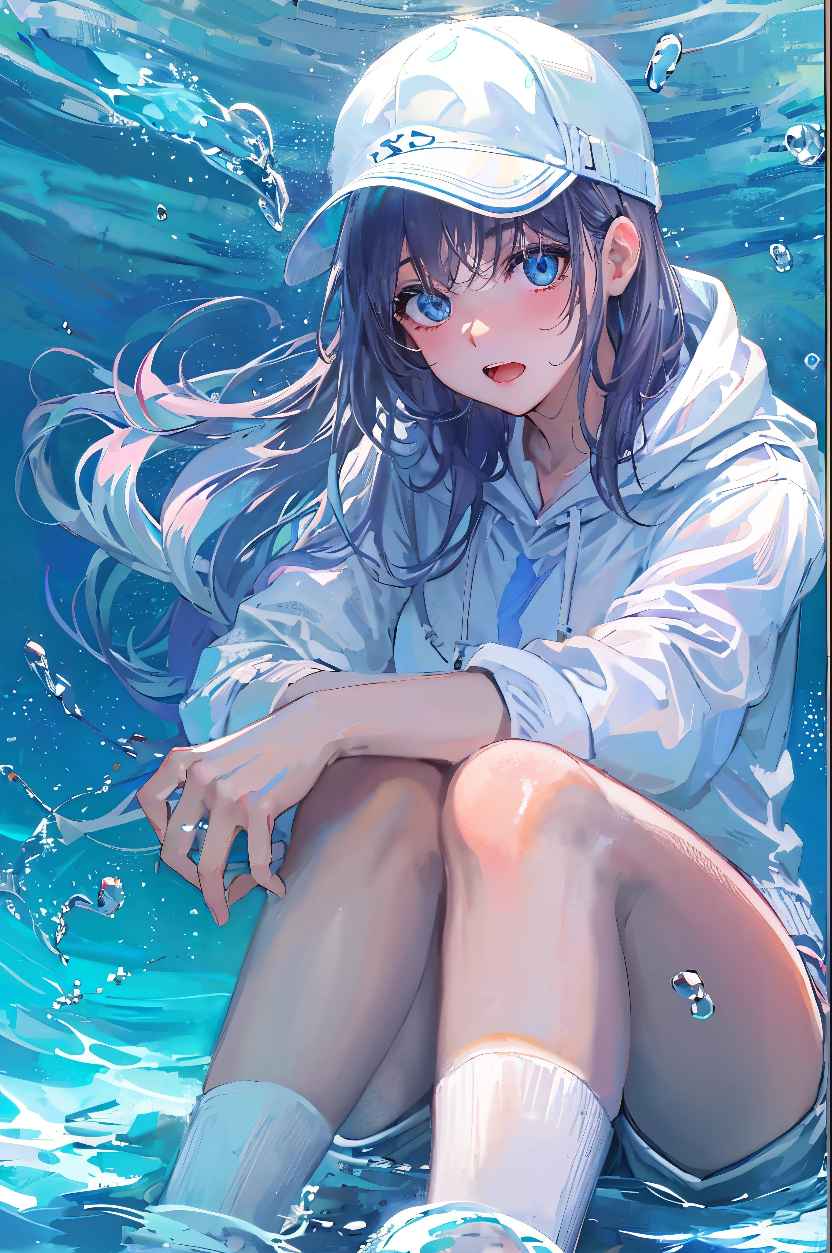 ((highest quality)), ((masterpiece)), ((Super detailed)), (very delicate and beautiful), girl, alone,((white hoodie)),((Wearing a white hat)),彼女はandても(relax)and(Calm down)exterior,written boundary depth,(Expression of embarrassment),bubble, underwater, エアbubble,Underwater world bright light blue eyes,明るい白髪and水色の先端を持つインナーカラー,,,,,,,,,,,,,,,,,,,,,cold background,Bob Hair - Linear Art, shorts、knee high socks、White uniform like school uniform、light blue ribbon tie、Clothes are sheer、put one's hand in one'pocket of、Bright eyes like sapphire,Fronresse Blue, A small blue light was floating、Eyes of surprise、self snap,self snap、bangs fall into the eye, give a sexy impression.