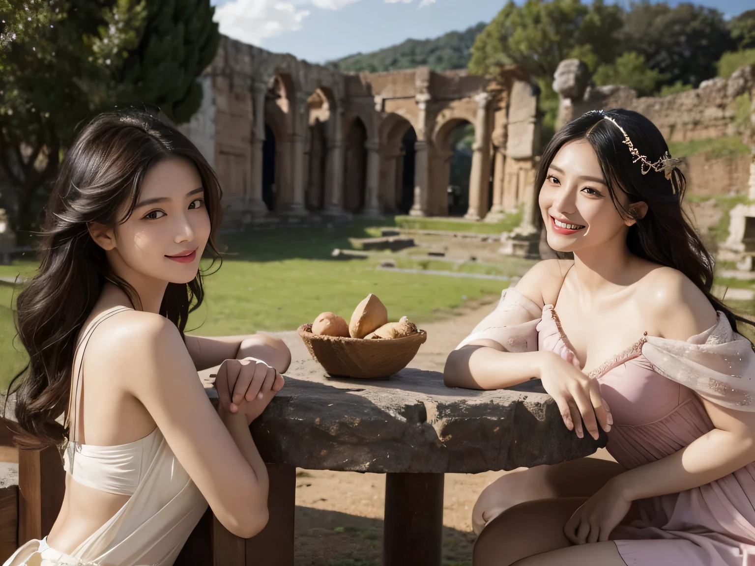 Ancient Roman ruins、Poussin-style landscape、smile、、Sweet and enchanting appearance、Caravaggio's paintings、Caravaggio's chiaroscuro、hair tousled by the wind、two women having fun、キュートなsmile、expression of ecstasy、sexy、erotic