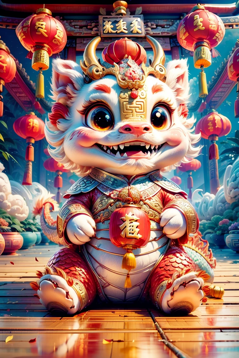 1 Chinese dragon,(chinese palace:1.5),medium shot,Chinese style,Spring Festival,lantern,fireworks,firecracker,flowers,clouds,stone fragment,Beautiful and delicate water,Wood grain flooring,Cute Chinese Dragon