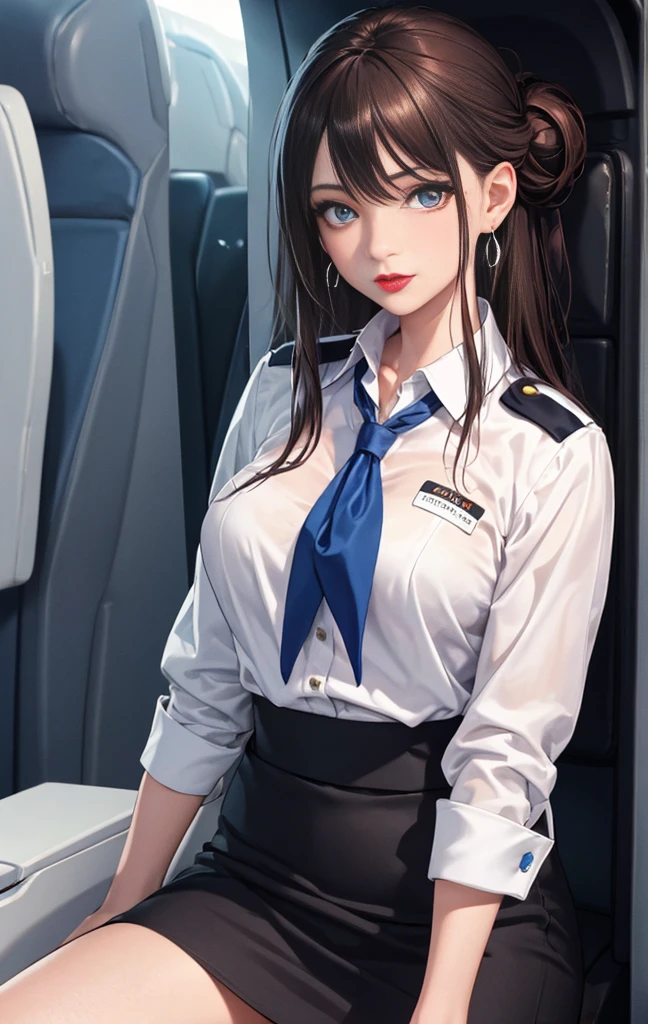 master piece,Best Quality,highest quality,Ultra-detailed,ultra high resolution,extremely detailed CG unity 8k wallpaper,Illustration,Detailed skin,Shiny skin,Realistic,Beautiful detailed eyes,luscious eyes,striking eyes,Perfect Anatomy, gleaming skin,oily skin,1girl in,Solo, cabin attendant uniform,flight attendant uniform,light blue blouse,dark blue slit tight skirt,red neckerchief,earrings,high heels,stockings,middle hair,half updo,dark brown hair,red lips,(((upper body))),