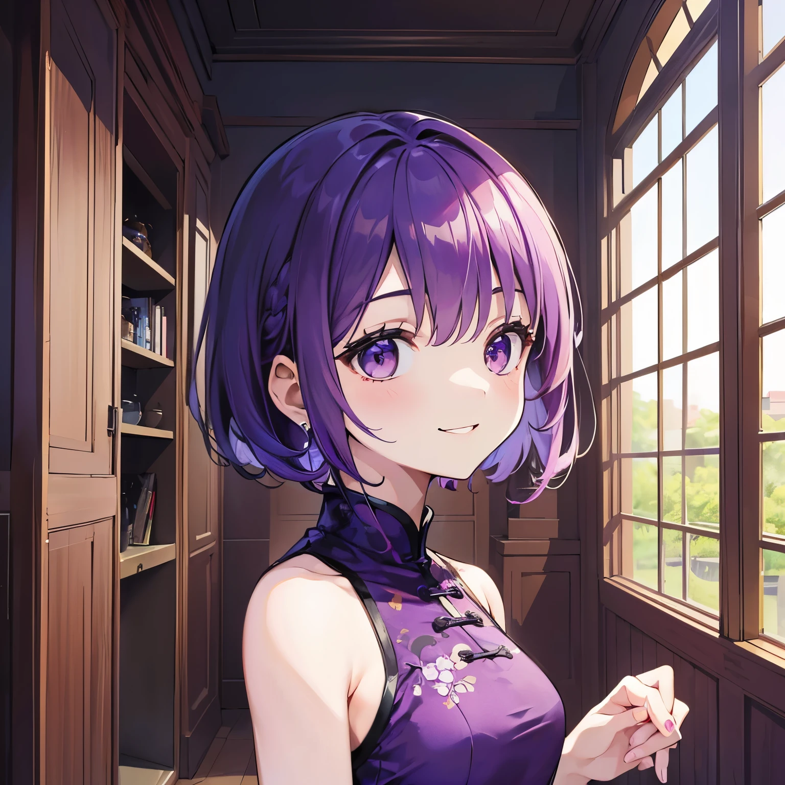 (T Masterpiece,4k wallpaper,best quality))、((girl1people))、(solo)、Brilliant,(purple hair)、(shortcut:1.3)、smile、China dress、room