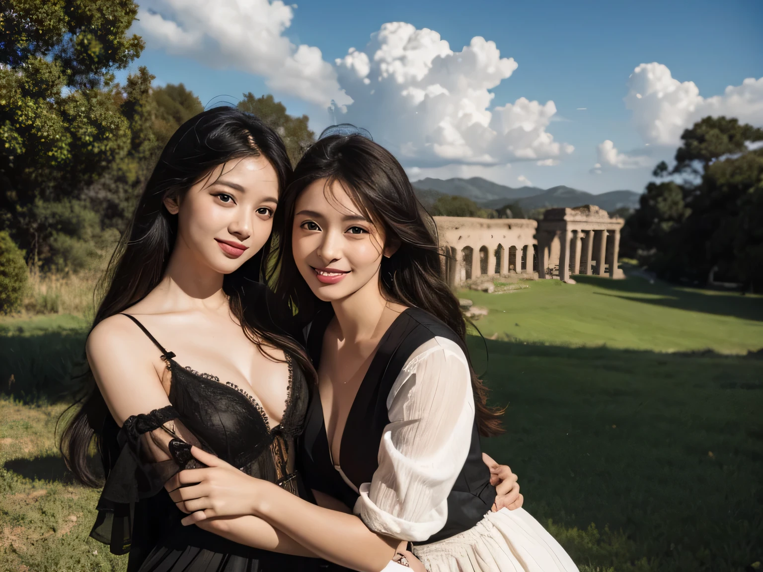 Ancient Roman ruins,Poussin-style landscape,laughter,,Sweet and seductive appearance.、Caravaggio's paintings、Chiaroscuro of Caravaggio、hair tousled by the wind,Two women frolicking,cute smile, expression of ecstasy,Sexy,erotic