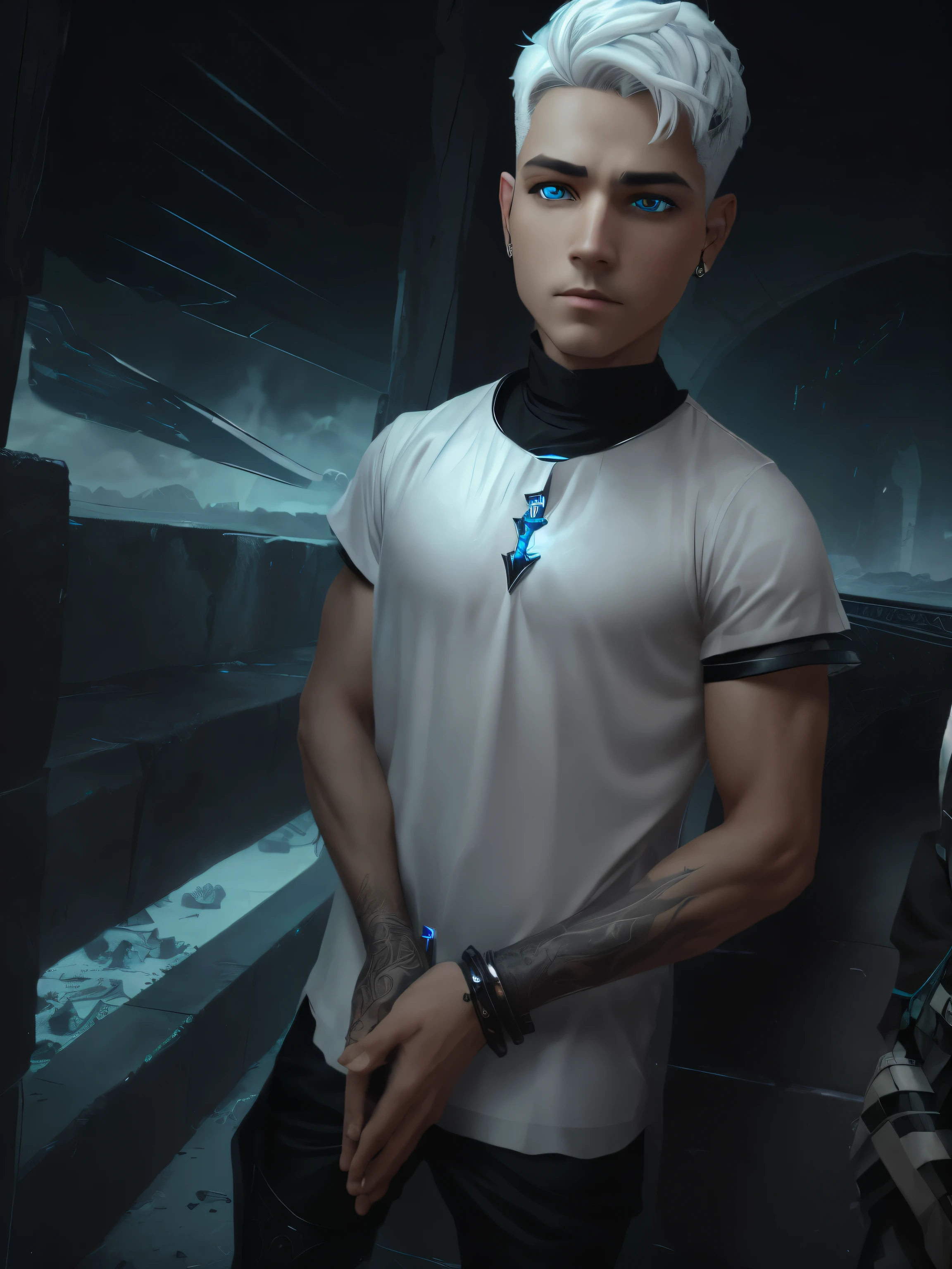 Male cyberpunk, fantasy world, dark background, clean design, epic instagram, artstation, colorful ink splashes, silhouette, hyper detailed intricate details, unreal engine, fantasy, intricate details, home screen, complementary colors, fantasy concept art, 8k resolution, deviantart masterpiece, oil painting, heavy strokes, ink drips, (isolated on white background: 1.3), rainbow skin, (((cute young man))), ((: 1.5) ), (bright blue eyes), (((clear eyes)), ((((short white hair: 1.1)))), ((black clothes)), (prince\\(indifferent expression\\),, (((Wears luxurious black tunic with high details)))), white hair, ice magic, ((chest), story in 3d anime format, 4k, realism --v 6