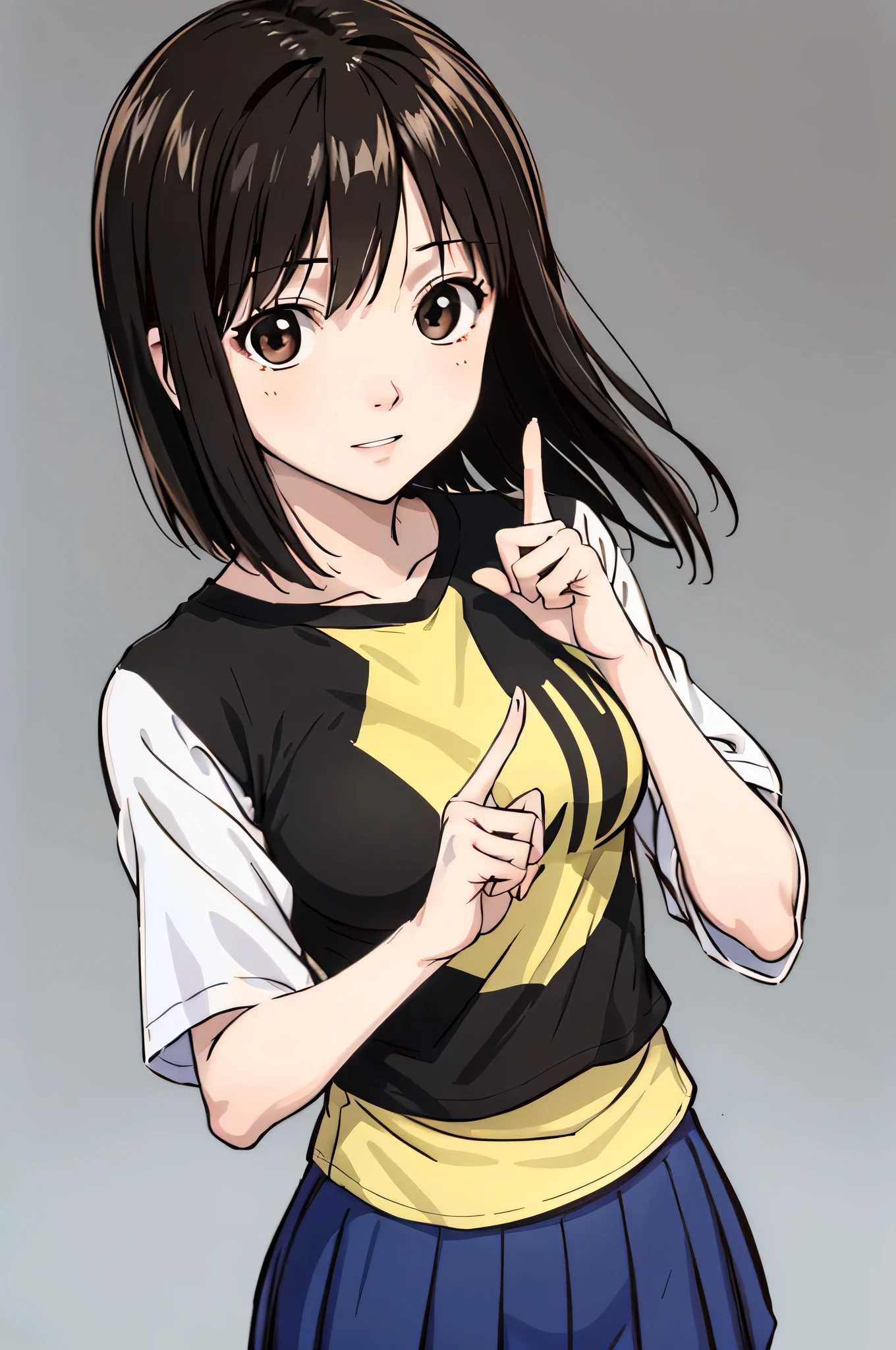 highest quality、High resolution、masterpiece、nakahara_misaki, ((two-tone shirt)), mini skirt,((((no background))))、Upper body、Raise your index finger、plump appearance、white background