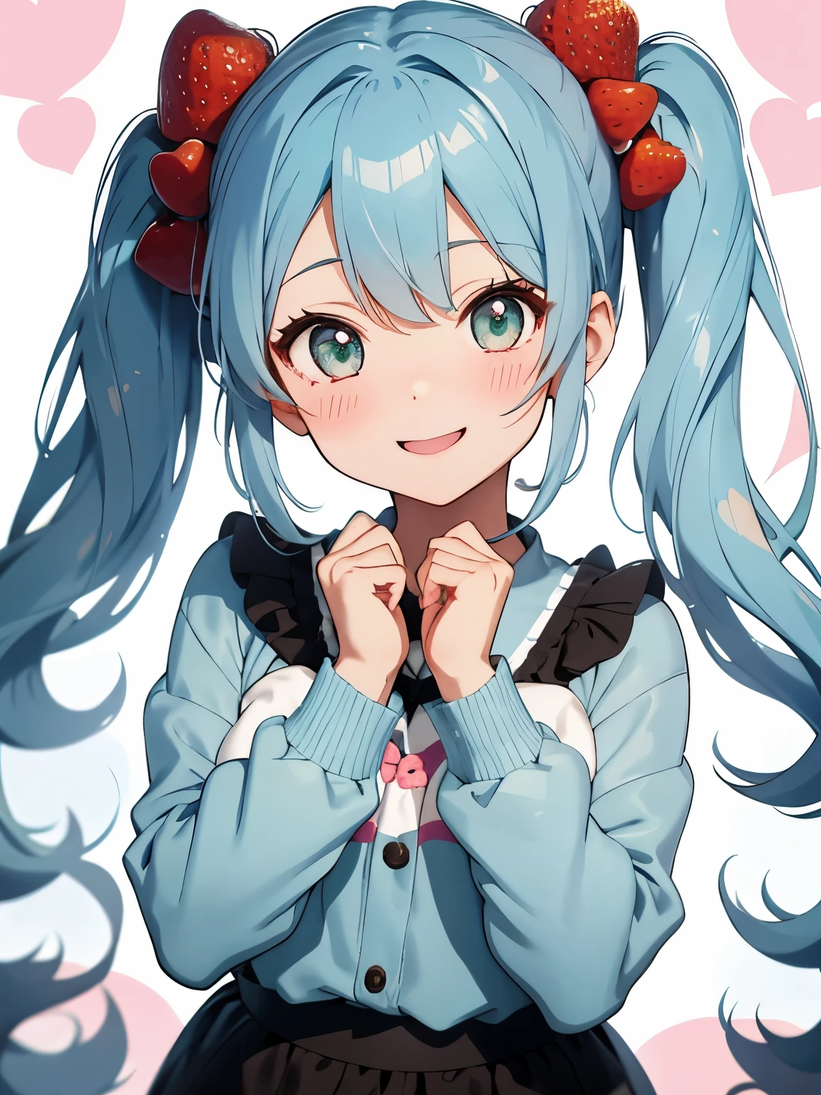 Soft and gentle pattern。anime illustration。Her hair is light blue and has curls.、side ponytail、Big strawberry hair clip in a knot。The hair in the ponytail is permed and fluffy.。Girl with green eyes。her face is cute、Confident smile。Appearance of about 12 years old。hands on both cheeks。long sleeve winter clothes。Close your eyes tightly and look happy。close up of face。