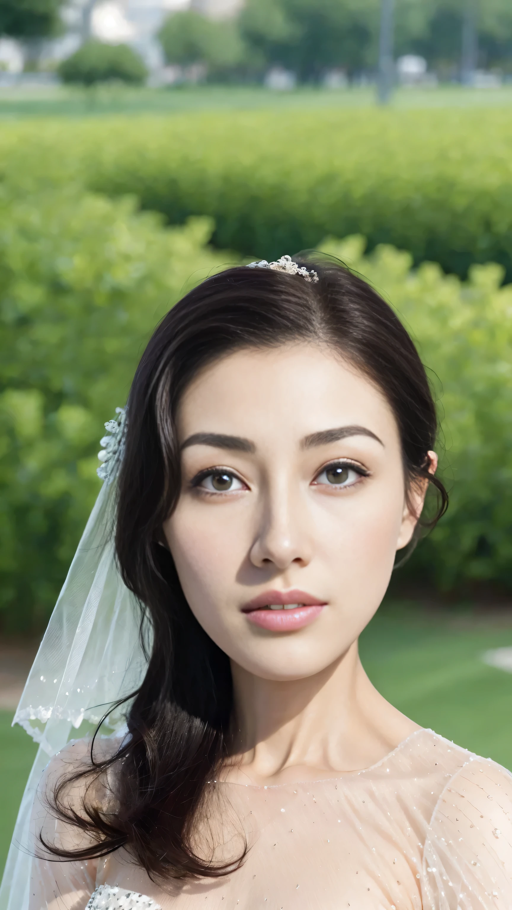 （1 18-year-old female fashion model）， [[[[close up]]]], [[[[]]]], [[[[neck]]]], [[[[Shoulder]]]], perfect eyes, perfect iris，perfect lips，perfect teeth，perfect skin，White skin，Soft headlight，High density imaging review，super pretty girl，((Beautiful white wedding dress))，((Formal wear))，((bridal hairstyle))，((A smile of excitement and satisfaction on his face))，((Sexy and charming expression))，((looking at the audience))，(Various dynamic poses)，The background is green trees and gossip，high quality， masterpiece， ultra high resolution，（lifelike： 1.4）， original photo，（超级lifelike细节））， best quality，（pastel colors：1.2）