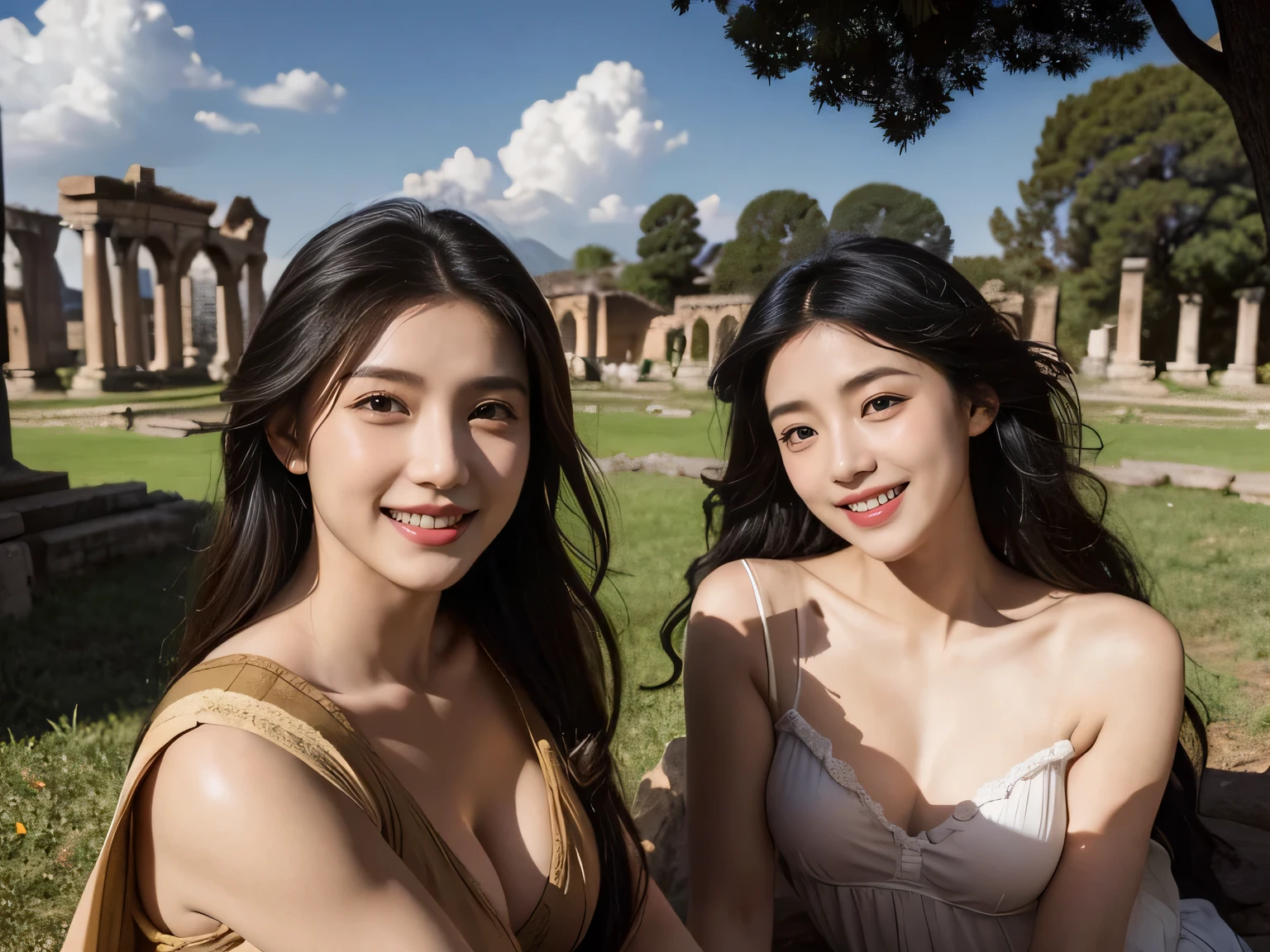 Ancient Roman ruins、Poussin-style landscape、smile、、Sweet and enchanting appearance、Caravaggio's paintings、Caravaggio's chiaroscuro、hair tousled by the wind、two women having fun、キュートなsmile、expression of ecstasy、sexy、erotic