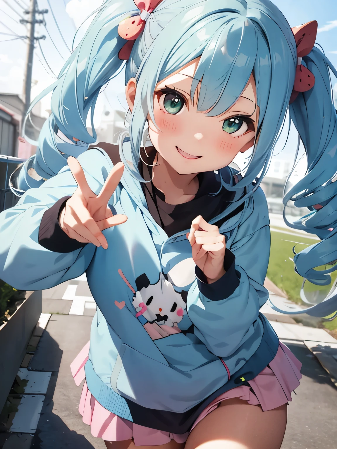 Soft and gentle pattern。anime illustration。Her hair is light blue and has curls.、long twin tails、Big strawberry hair clip in a knot。Her twintail hair is permed and fluffy.。Girl with green eyes。her face is cute、Confident smile。Appearance of about 12 years old。making a peace sign with his eyes。long sleeve winter clothes。wink。close up of face。cool pose。
