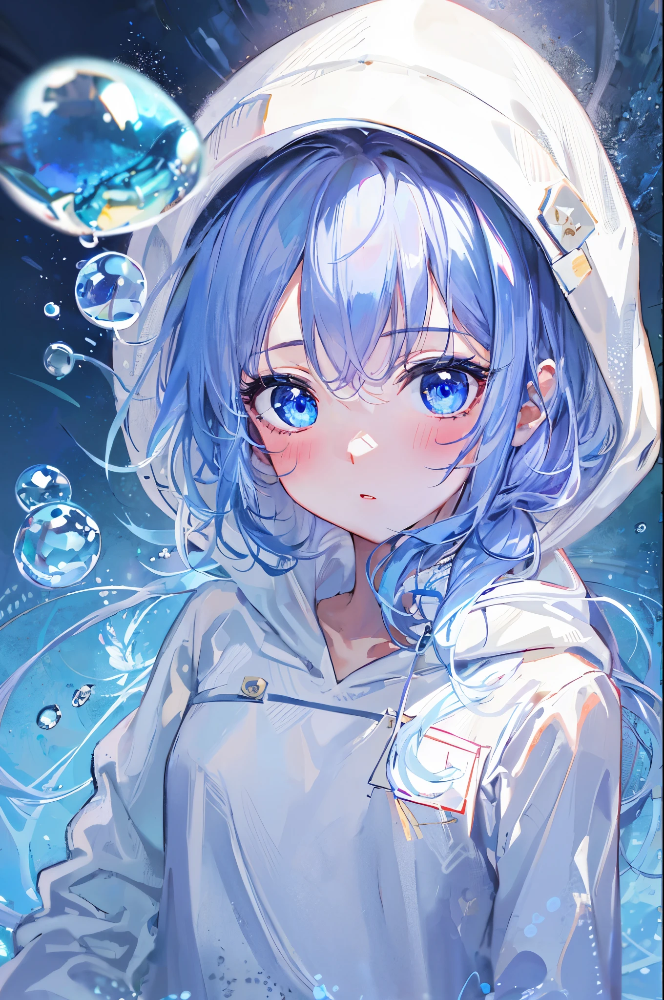 ((highest quality)), ((masterpiece)), ((super detailed)), (very delicate and beautiful), girl, solo,white hoodie,((Wearing a white cap)),彼女はandても(relax)and(calm down)Appearance,Depth of bounds written,(expression of embarrassment),bubble, in water, エアbubble,Underwater world bright light blue eyes,明るい白髪and水色の先端を持つインナーカラー,cold background,short hair、Bob Hair - Linear Art, shorts、knee high socks、white uniform that looks like a school uniform、light blue ribbon tie、clothes are transparent、put one's hand in one's pocket、Bright eyes like sapphire,Fronresse Blue, A small blue light was floating、Amazing eyes、Self snap,Self snap、bangs fall into the eye, give a sexy impression.