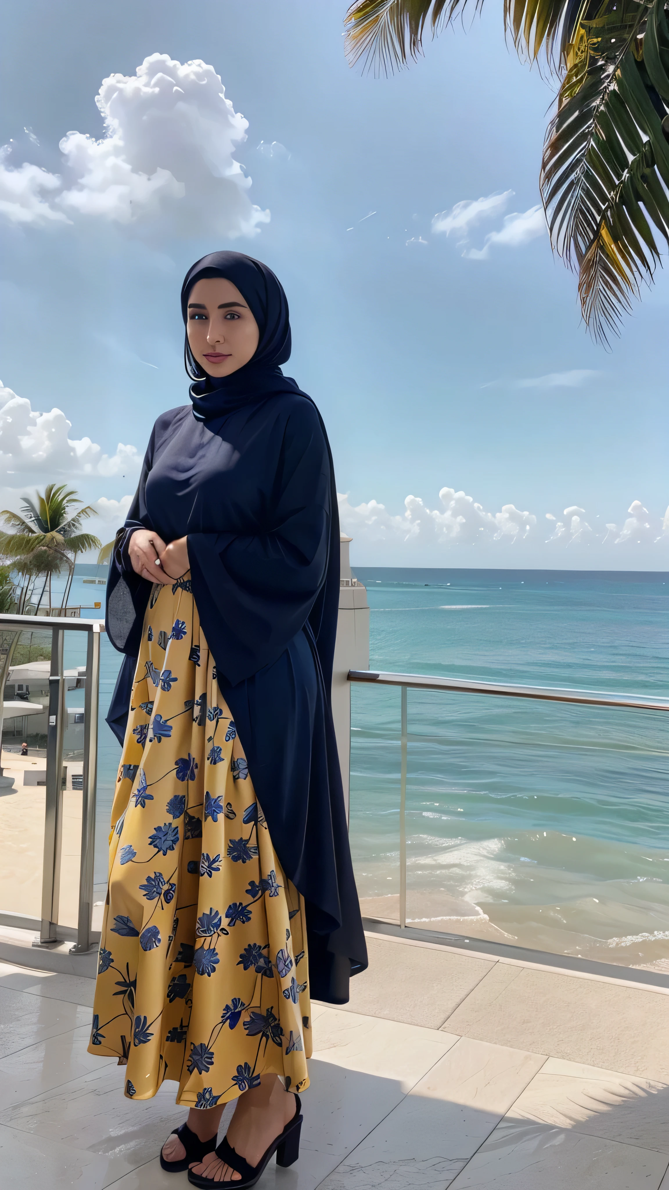 woman, putting on full cover modern Hijab. brown eyes, pale skin, photorealistic. instagram influencer, 20-year-old woman, model, happy look, Curvy moscular figure full body, in Sanaani traditional attire with blue sky and yellow pattersn, in Sanaani Abaya. no make up. Place the subject on the top roof of a luxurious cafe and hotel in Miami, offering a panoramic view of the vibrant blue sky and the adjacent sea. Ensure the backdrop captures the essence of Miami's tropical charm. The overall composition should radiate elegance and allure, blending seamlessly with the luxurious atmosphere of this Miami setting.