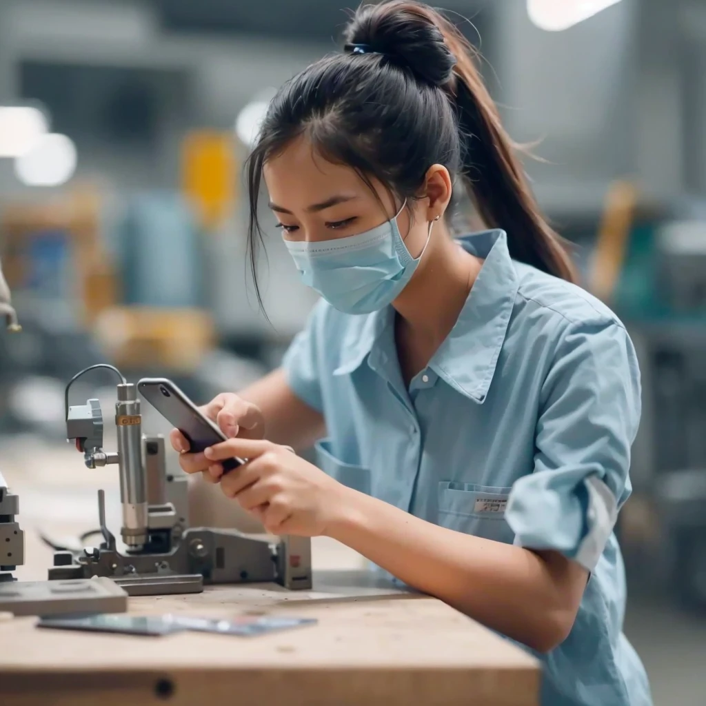 araffe worker At the factory using a cell phone to check the screen, manufacturing, small manufacturing, In the workshop, Check stock images, Woman in the dark factory, At the factory, People at work, medical staff, technology, Skillful, advanced technology, 库存picture, picture, Year 2 0 2 2, Girl with warship parts, nipple process