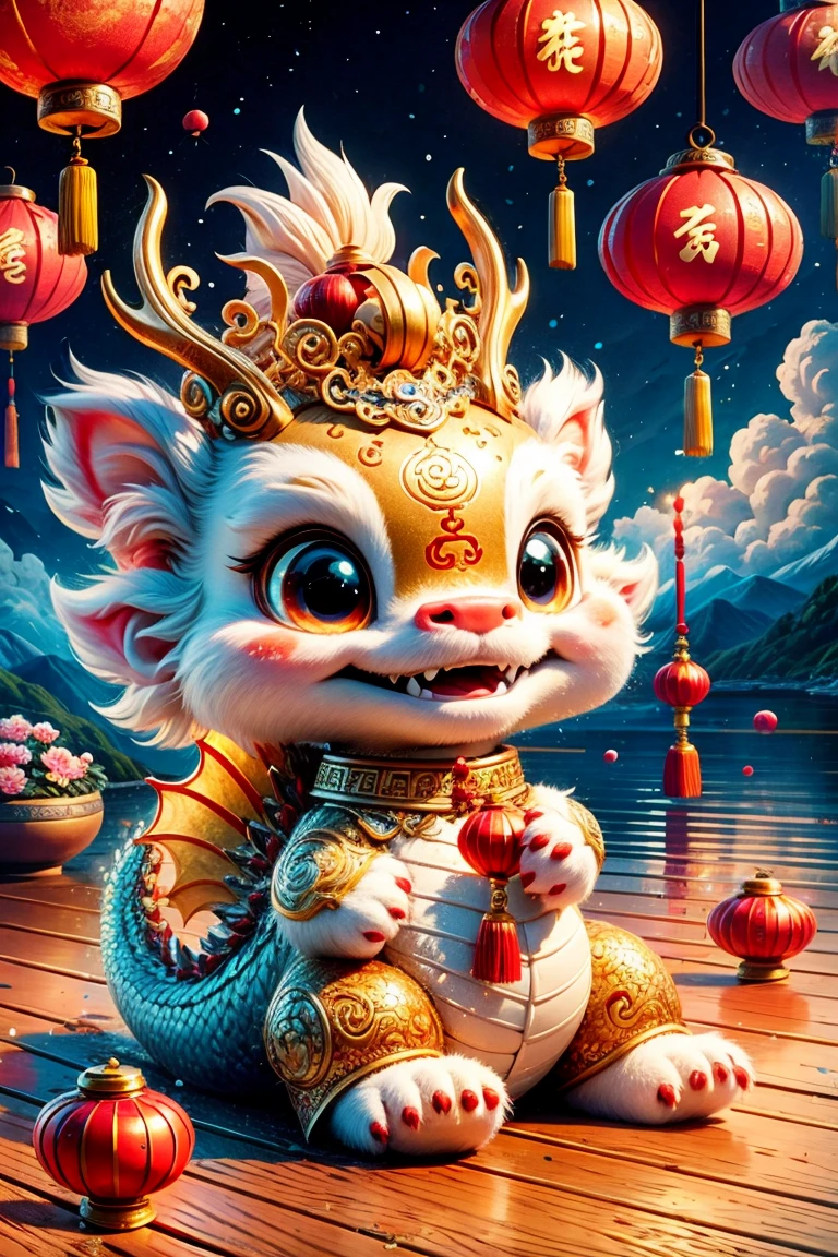 1 Chinese dragon，(chinese palace)，medium shot，Chinese style，Spring Festival，lantern，fireworks，firecracker，flowers，clouds，stone fragment，Beautiful and delicate water，Wood grain flooring，Cute Chinese Dragon, (eyes on the audience)