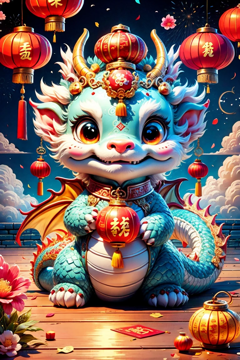 1 Chinese dragon，(chinese palace)，medium shot，Chinese style，Spring Festival，lantern，fireworks，firecracker，flowers，clouds，stone fragment，Beautiful and delicate water，Wood grain flooring，Cute Chinese Dragon, (eyes on the audience)