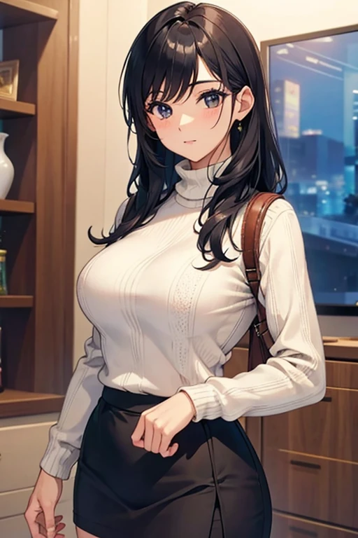 (table top, highest quality, High resolution, , perfect pixel, 4k,), 1 girl, single, alone, Beautiful woman、I could see the whole body、 ((wavy middle hair, bangs, brown hair)), ((brown eyes, beautiful eyelashes, realistic eyes)), ((detailed face, blush:1.2)), ((smooth texture:0.75, realistic texture:0.65, realistic:1.1, Anime CG style)), medium breasts, dynamic angle, perfect body, ((, female teacher, , earrings、necklace、white turtleneck sweater、Tight Skirt、black knee high stockings、open both legs wide、胸の谷間にnecklaceを挟む、shy smile)), upper grade、、、evening、stand on the podium、stick out your butt、、Close your chest with both arms、、show me your pink lace panties、、