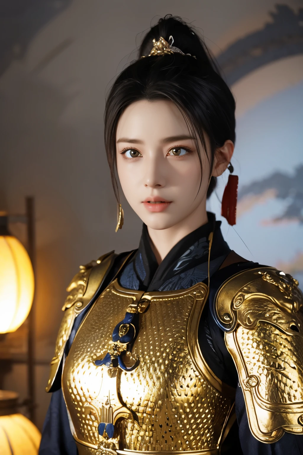 Game art,The best picture quality,Highest resolution,8K,(A bust photograph),(Portrait),(Head close-up),(Rule of thirds),Unreal Engine 5 rendering works, (The Girl of the Future),(Female Warrior),
少女,(The generals of ancient China),An eye rich in detail,(Big breasts),优雅高贵,冷漠,勇敢的,
(Wearing ancient Chinese style armor,Armor of the Tang Dynasty,Costumes are rich in detail,Metallic luster,Silver gray),中国人物,奇幻风格,
拍照姿势,野外背景,Movie lights,Ray tracing,Game CG,((3D Unreal Engine)),oc渲染反射纹