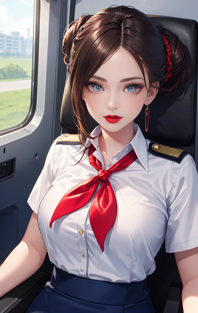 master piece,Best Quality,highest quality,Ultra-detailed,ultra high resolution,extremely detailed CG unity 8k wallpaper,Illustration,Detailed skin,Shiny skin,Realistic,Beautiful detailed eyes,luscious eyes,striking eyes,Perfect Anatomy, gleaming skin,oily skin,1girl in,Solo, cabin attendant uniform,flight attendant uniform,light blue blouse,dark blue slit tight skirt,red neckerchief,earrings,high heels,stockings,middle hair,half updo,dark brown hair,red lips,(((upper body))),(((half updo,red lips))),
